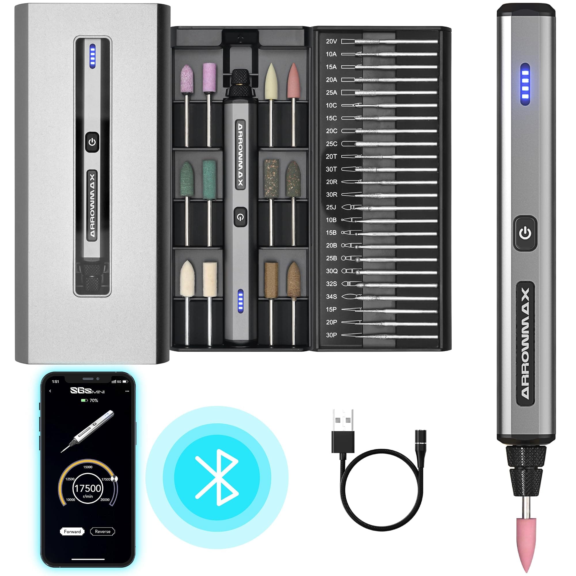 AM ARROWMAX Mini Cordless Rotary Tool Kit, Aluminum Case, Bluetooth, APP, Wireless Magnetic Charge, Multi-Purpose Power Rotary Tool for Sanding, Polishing, Etching, Engraving, DIY Crafts (SGS MINI)