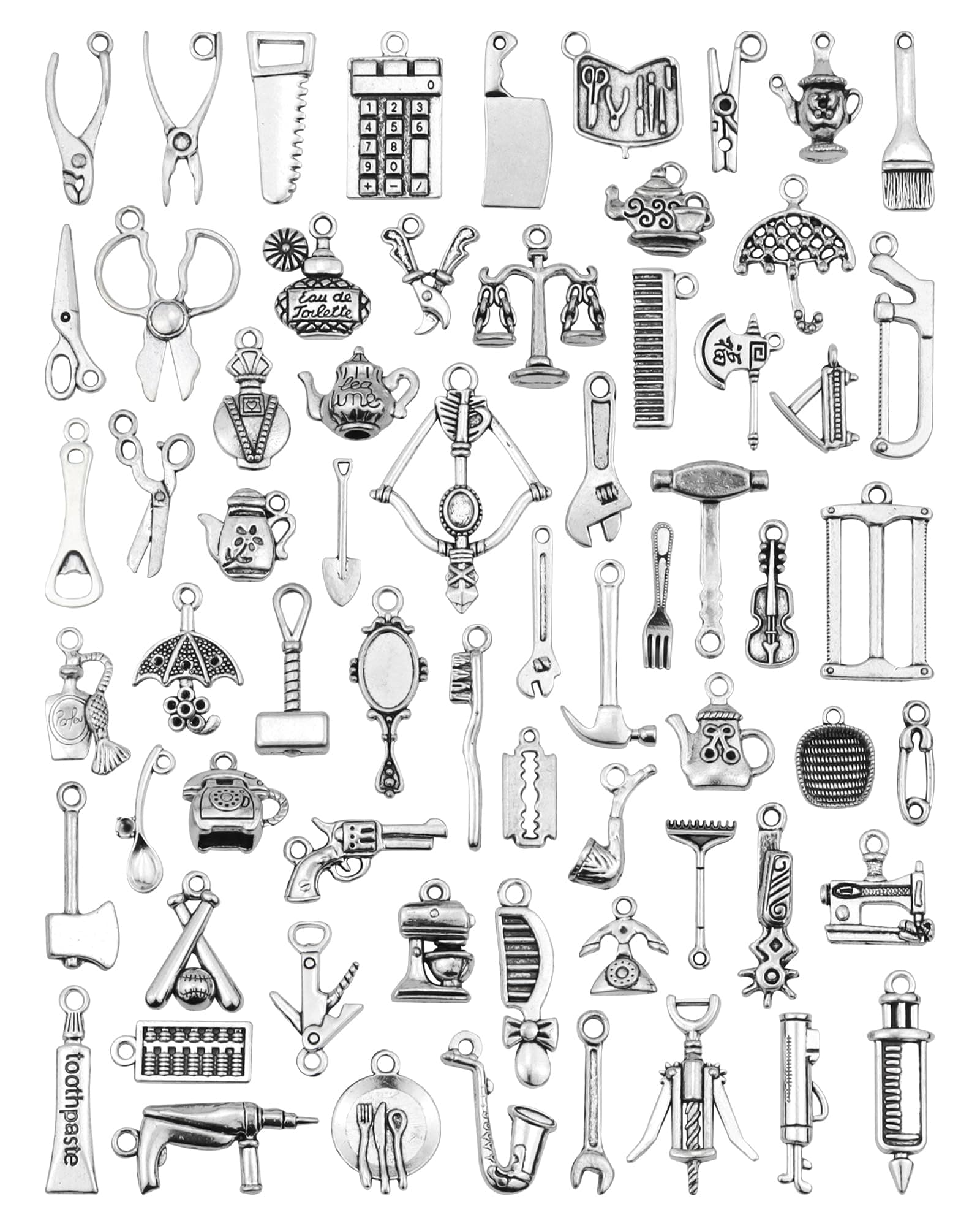JIALEEY 65PCS Home Tool Charms Collection, Wholesale Bulk Lots Antique Silver Tibetan Alloy Worker 3D Tools Charms Pendants DIY for Jewelry Making and Crafting