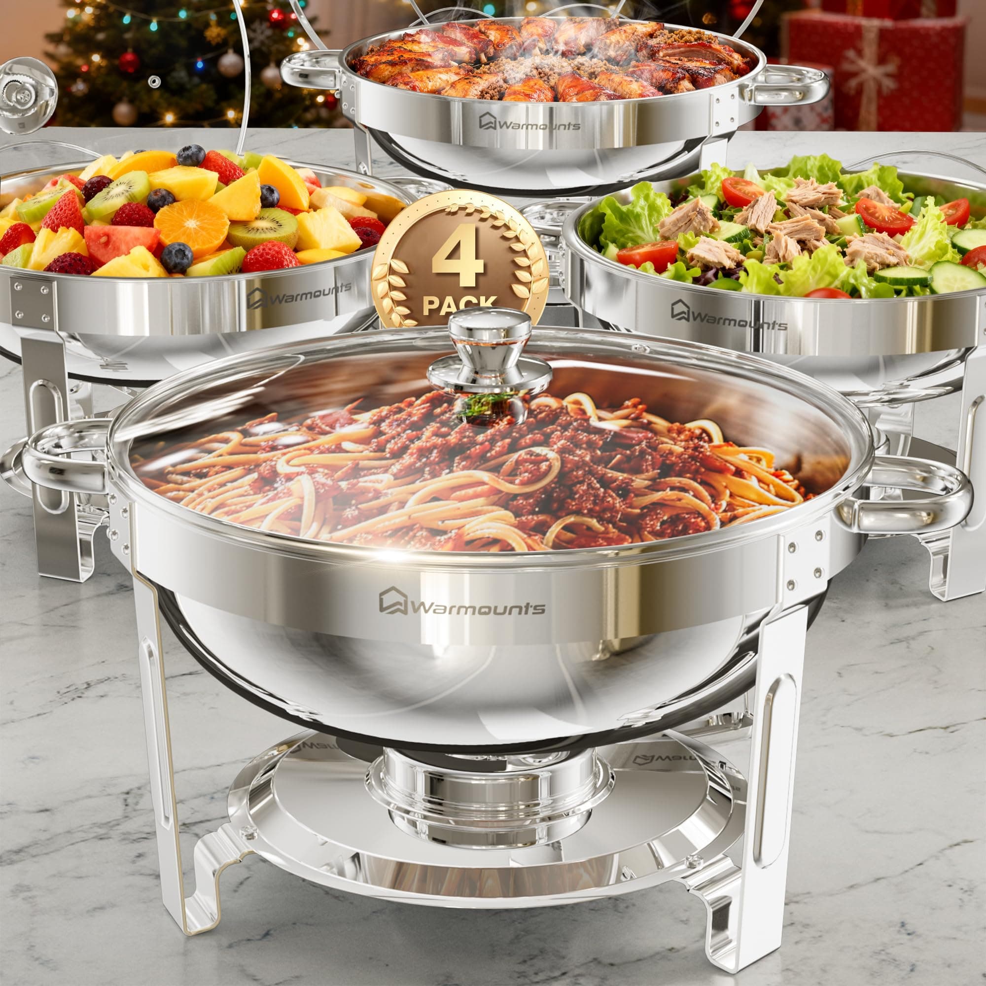 WARMOUNTS 4-Pack Chafing Dish Buffet Set, 98% Assembled 5QT Round Buffet Servers No Assembly Warmers Set, Stainless Steel Catering Food Warmer with Glass Lid & Holder for Party