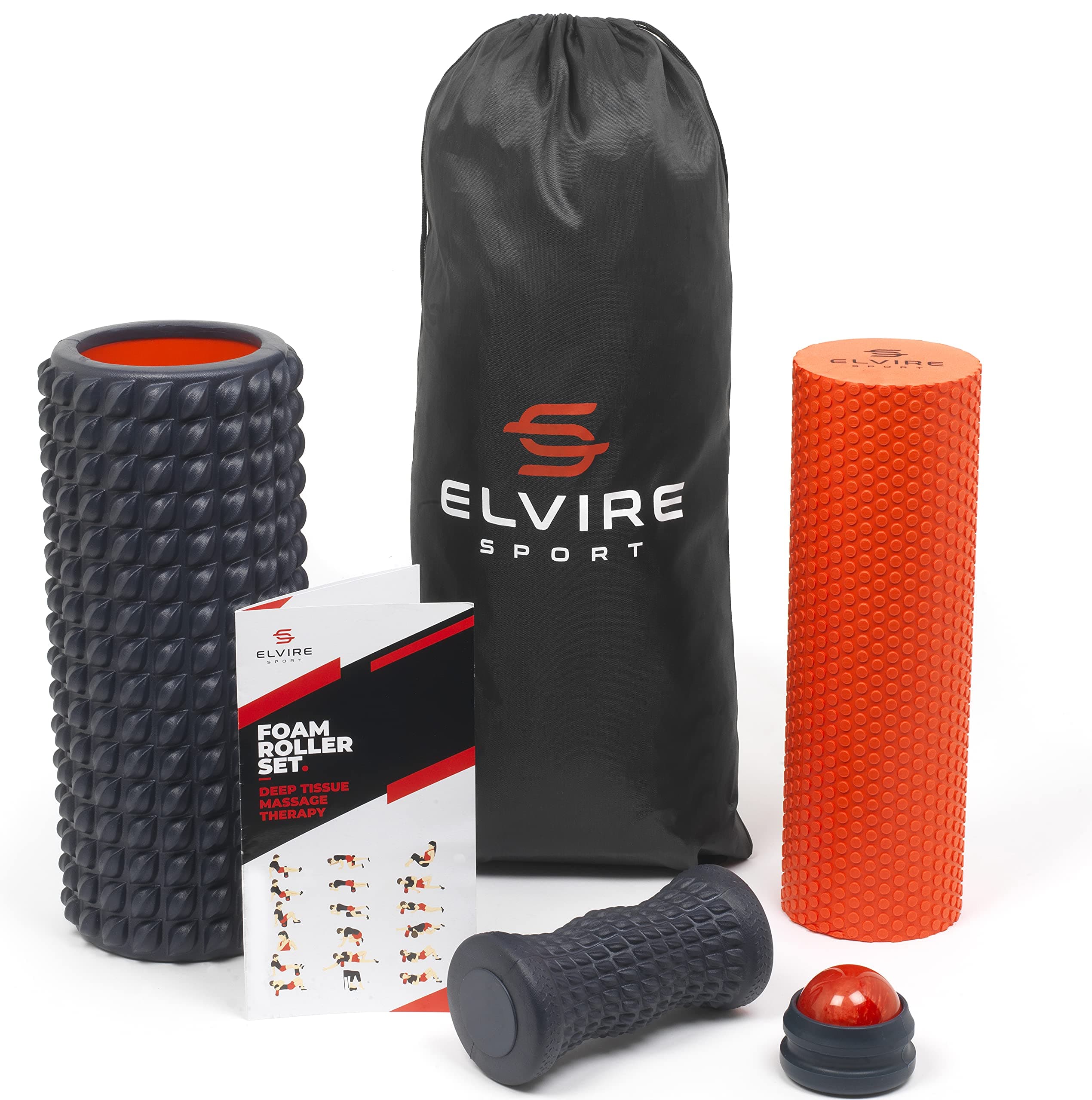 ELVIRE SPORT Foam Roller for Exercise - Premium Foam Roller Set 4 in 1 - Includes Massage Roller, Foot Roller, Back Roller, for Exercise & Physical Therapy - Ideal for Yoga, Back, Neck, Legs, Muscles