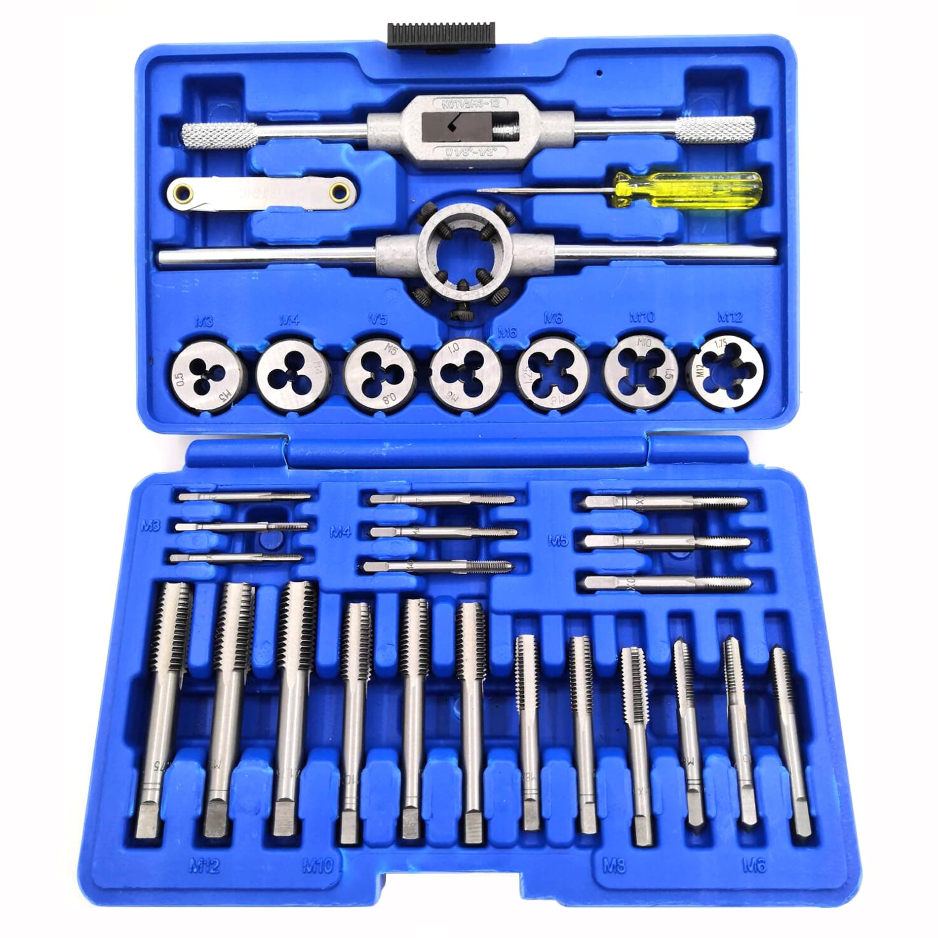 KEWAYO 32 Pieces Tap and Die Set, Metric SAE Screw Thread Die and Tap Wrench Kit, Hardened Steel Screw Threading Tapping Rethreading Tool for Cutting External and Internal Thread