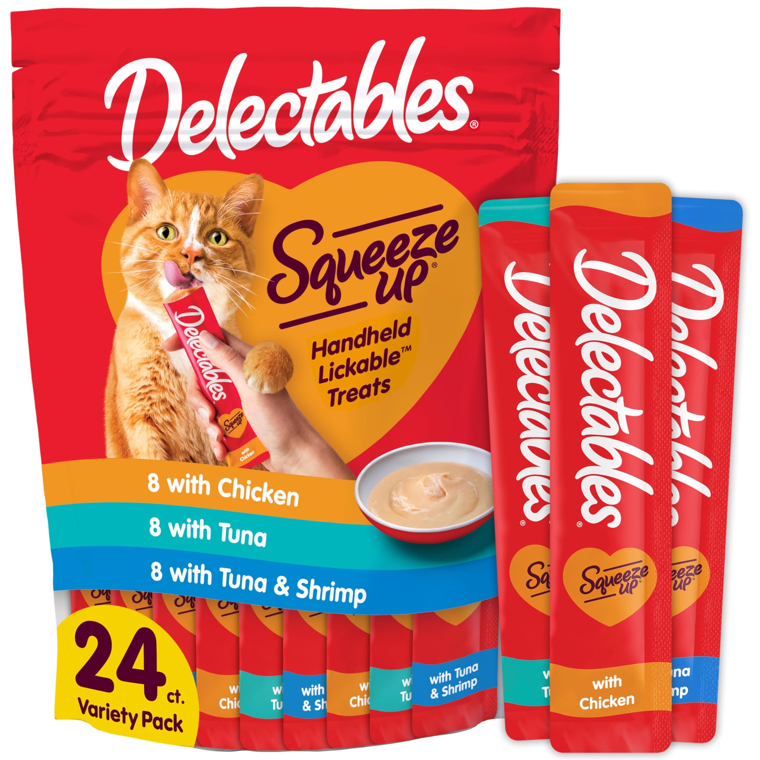 Squeeze Up Variety Pack, Creamy Squeezable Puree, Lickable Wet Cat Treats, Grain Free, No Added Fillers, No By-Products, No Added Preservatives, 0.5 Ounces Tube, 24 Tubes Total