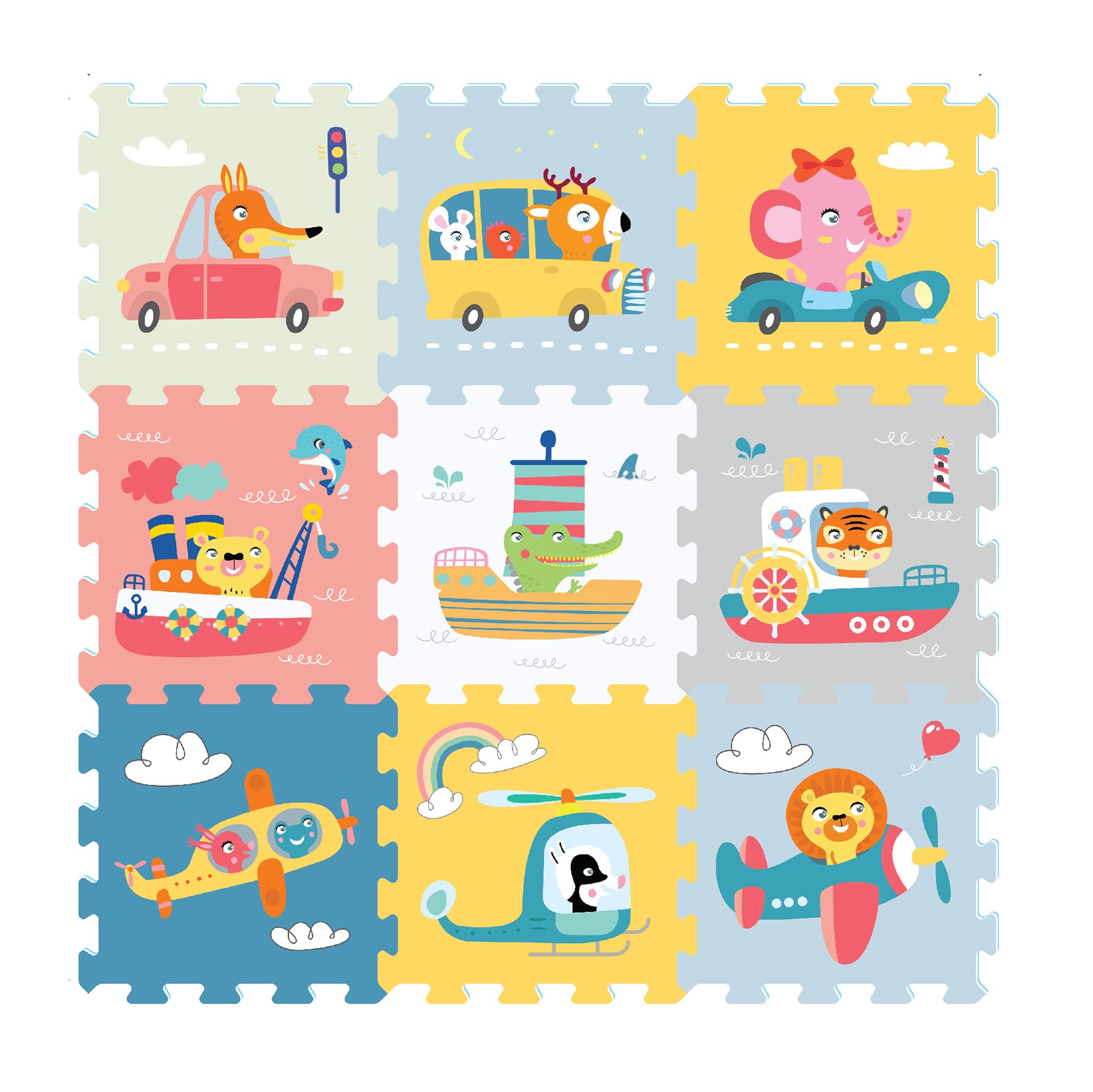 Sunta Transportation & Animals Puzzle Mat - 9-Piece Interlocking EVA Foam Mat for Kids - Safe, Fun, and Educational Play Area