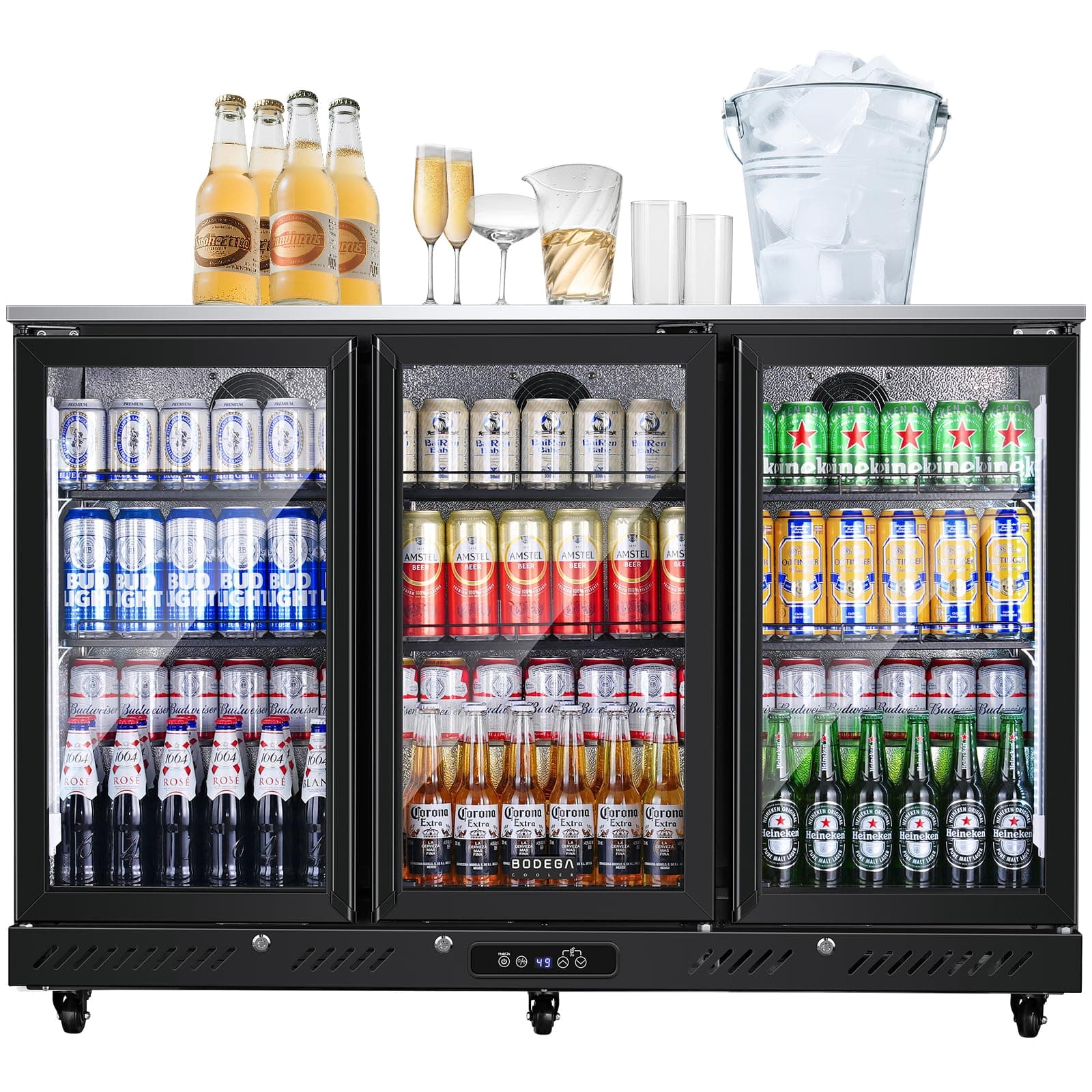 - BODEGACOOLER Commercial Bar Cooler With 3 Glass Doors,12 Cu.Ft Counter Height Back Beverage Refrigerator,Display Bar Fridge with LED Lighting,Beverage Cooler for Beer Stainless Steel Top,With Casters