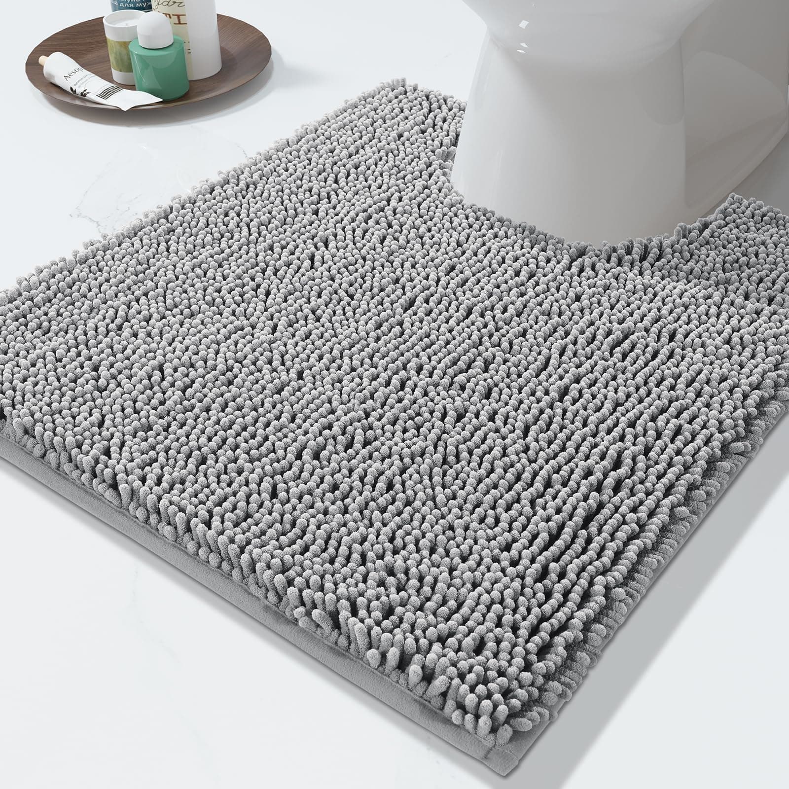 Washable Bathroom Rugs, Super Soft & Absorbent Chenille Bath Mat for Floor & Carpet, Quick Dry Non Slip Bath Mat for Tub Shower, 24" x 17",Grey