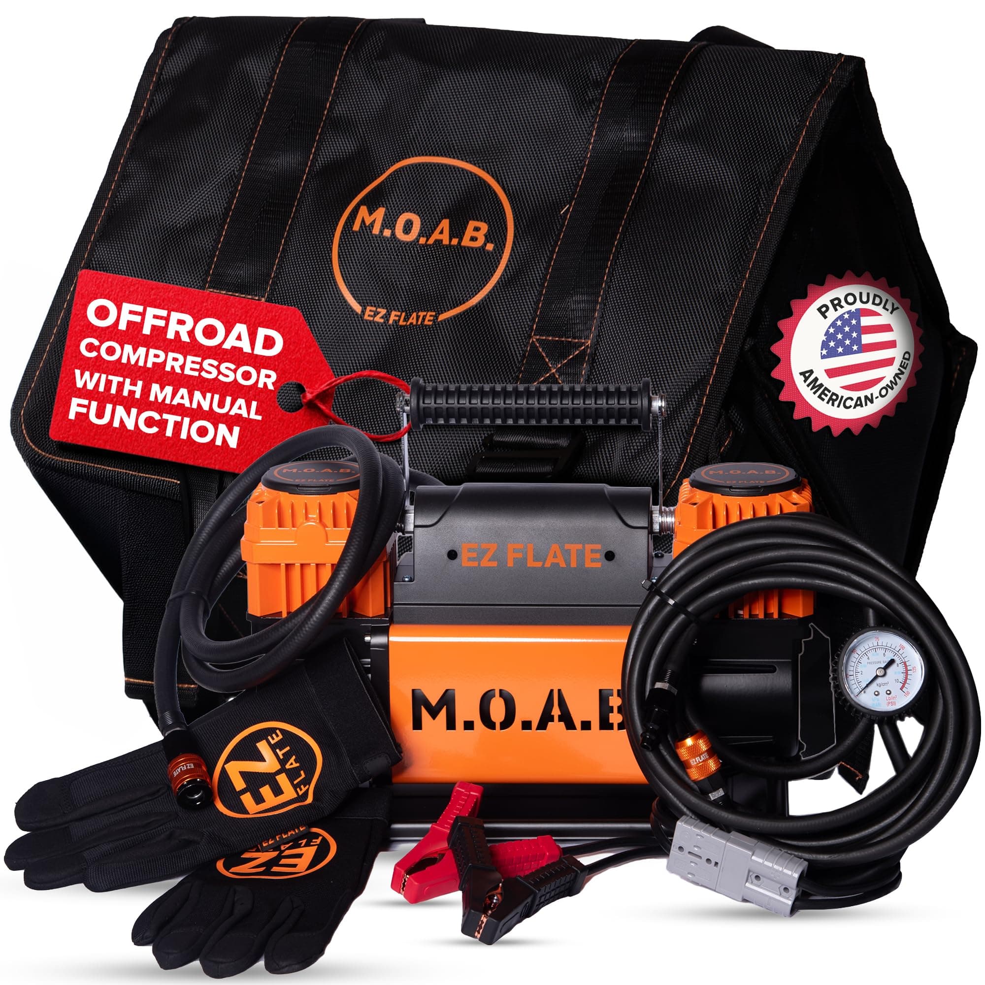 M.O.A.B. Dual Air Compressor for 4x4 Offroad Vehicles, Fast Inflation, 12V Power, Easy to Use, Storage Bag