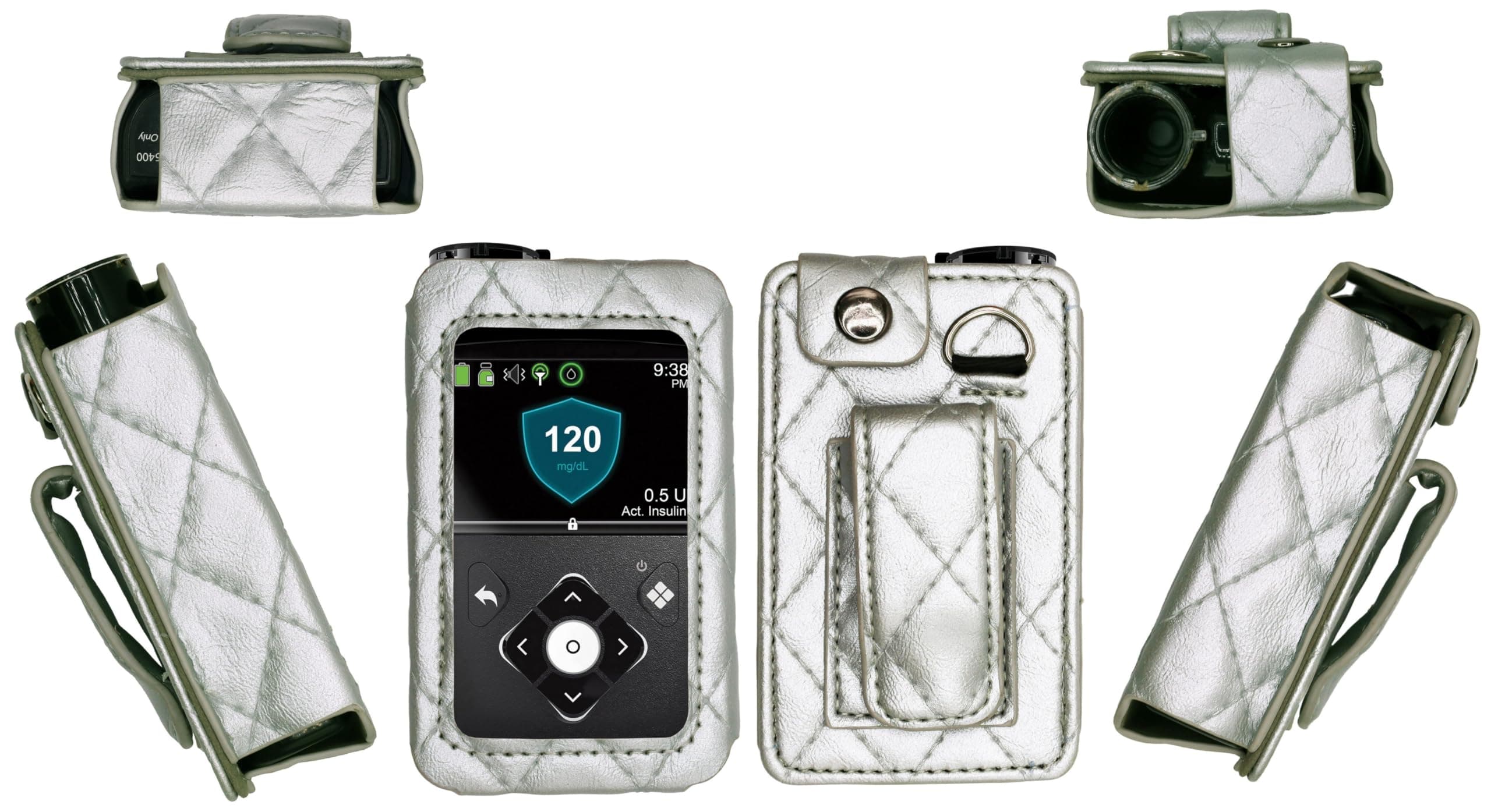 Premium Diamond Check Pattern Holster with Screen Protector & Belt Clip (Neck Lanyard) for Medtronic Minimed Insulin Pump 630G/ 640G/ 670G/770G/780G (All Model) (Silver)