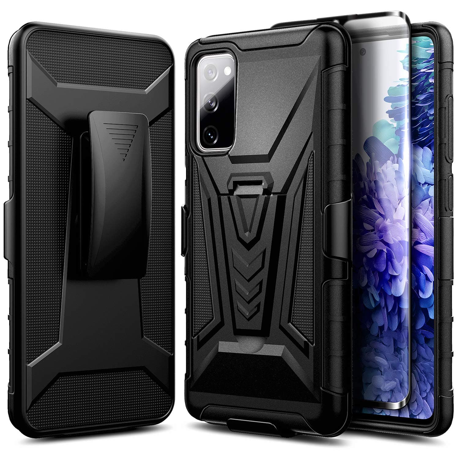 NZND Case for Samsung Galaxy S20 FE 5G with Tempered Glass Screen Protector (Full Coverage), Belt Clip Holster Kickstand, Heavy Duty Protective Shockproof Armor Defender Combo Rugged Phone Case -Black