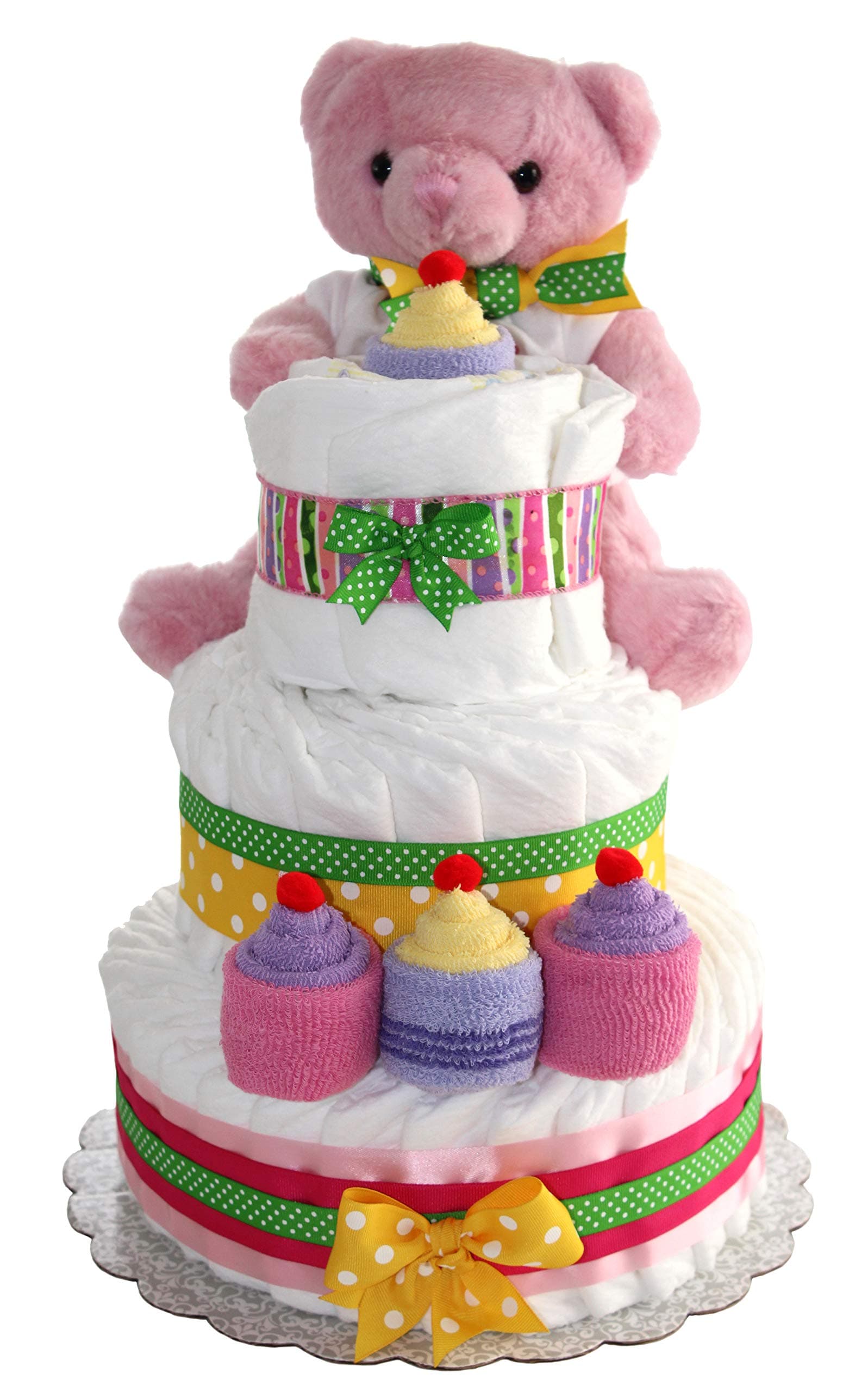 Baby Diaper Gift Pack – 3 Tier Cake w/ 50 Diapers, 2 Lush Socks, 4 Washcloths and Teddy Bear Friend | Unique Baby Shower Gifts That You Can Personalize Or Give As is | Large Centerpiece (Pink)