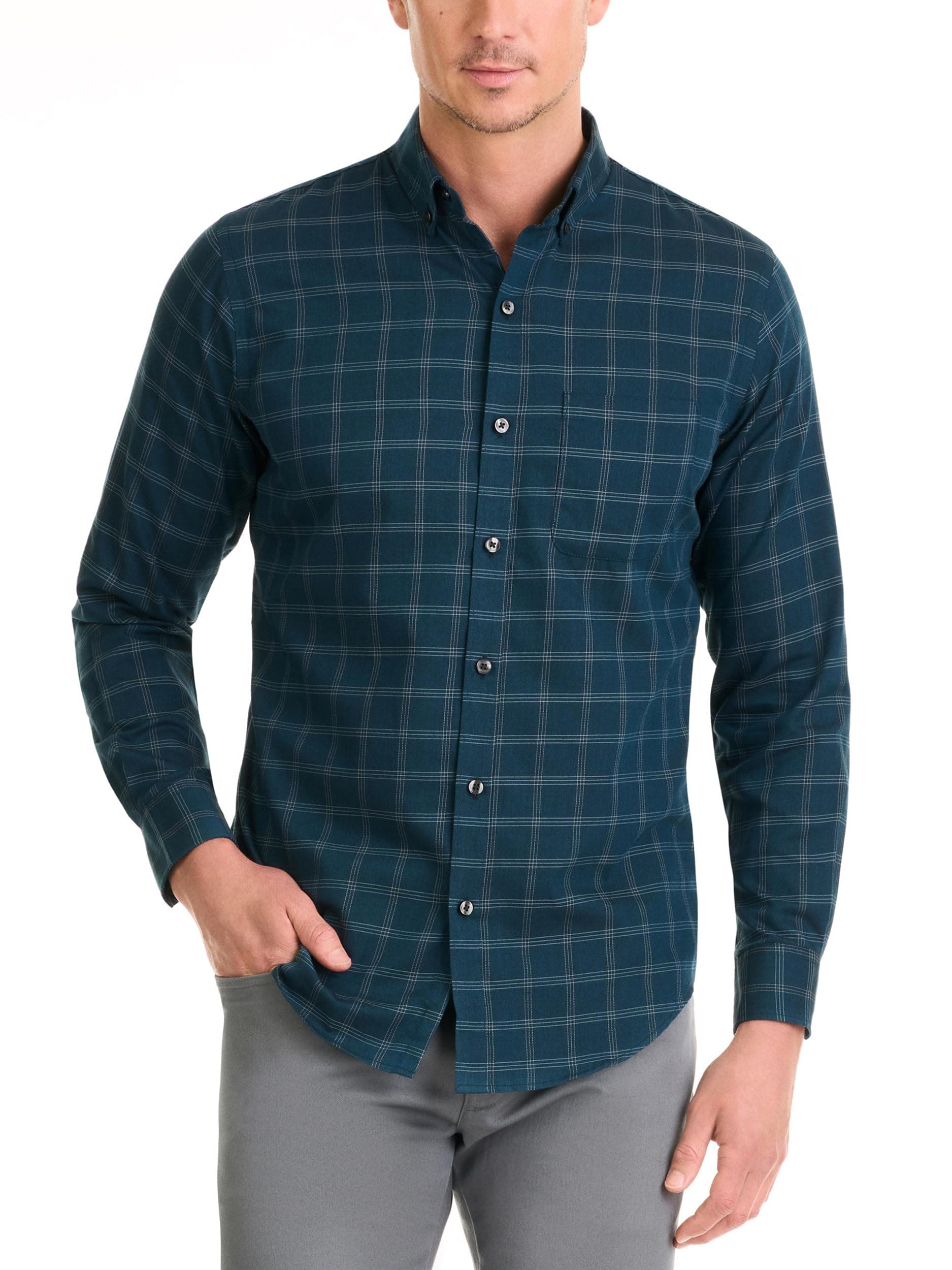 Van Heusen Mens Classic Fit Stain Shield Never Tuck Stretch Solid Button Down ShirtButton Down Shirt