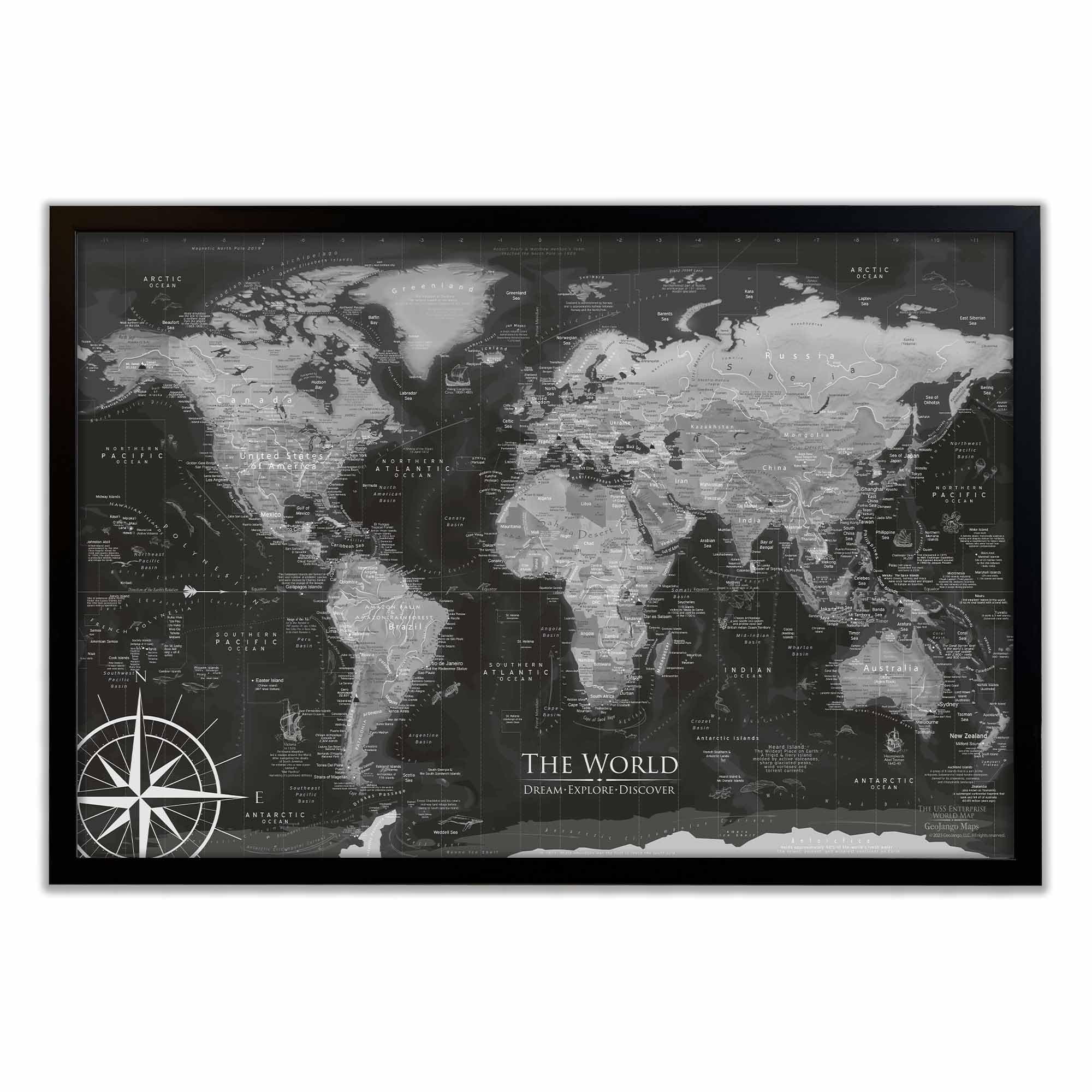 GEOJANGO Personalized Push Pin World Travel Map with Pins - Large Wall Art Stretched Canvas, Rolled Poster, or Framed Map - Black and White Handmade Custom Map Pinboard Home Decor