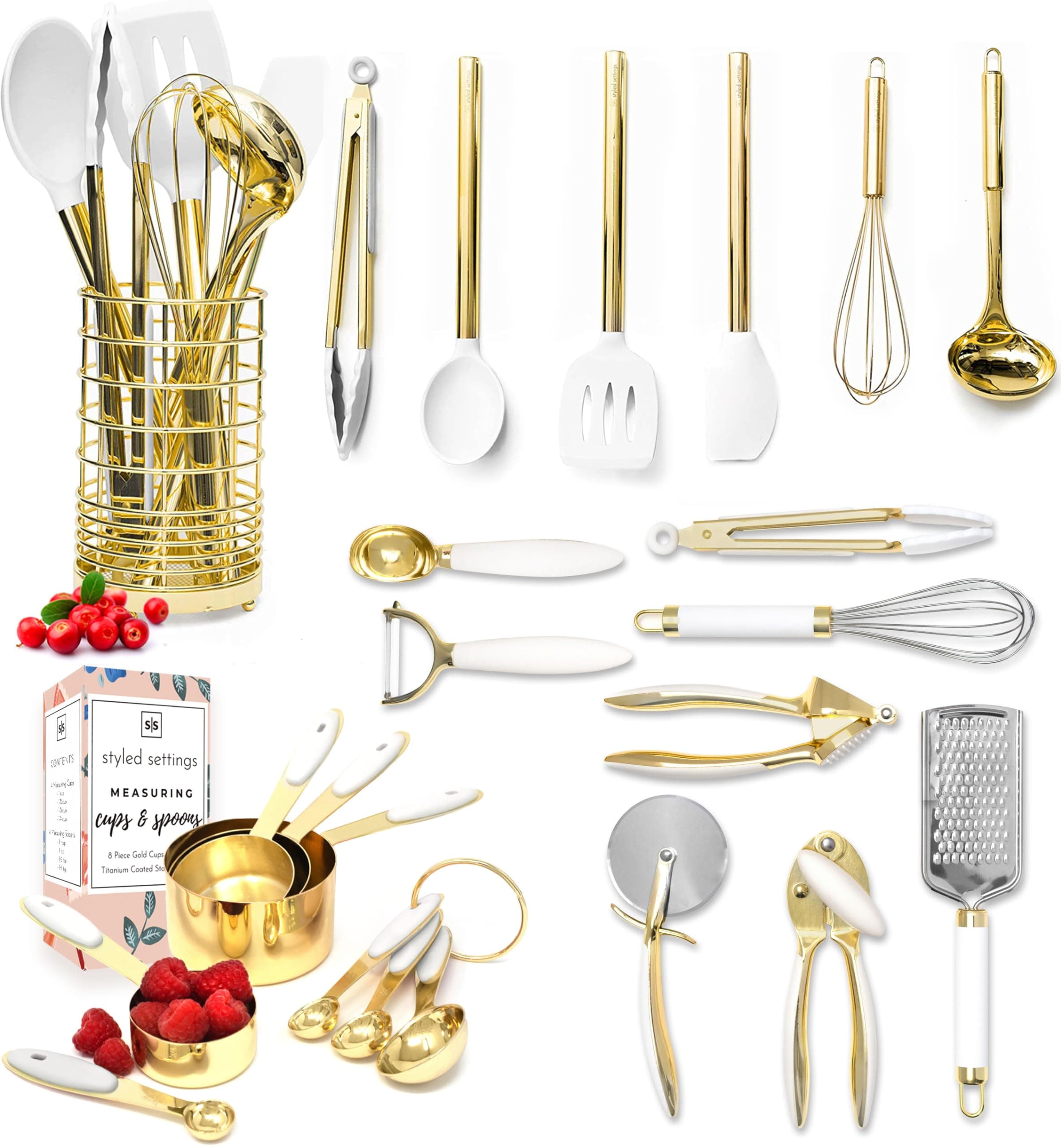 White and Gold Kitchen Utensils Set - 23-Piece Gold Kitchen Accessories Include Measuring Cups and Spoons Set, Silicone Utensils, and Utensil Holder for Baking, Cooking, and Stylish Kitchen Decor
