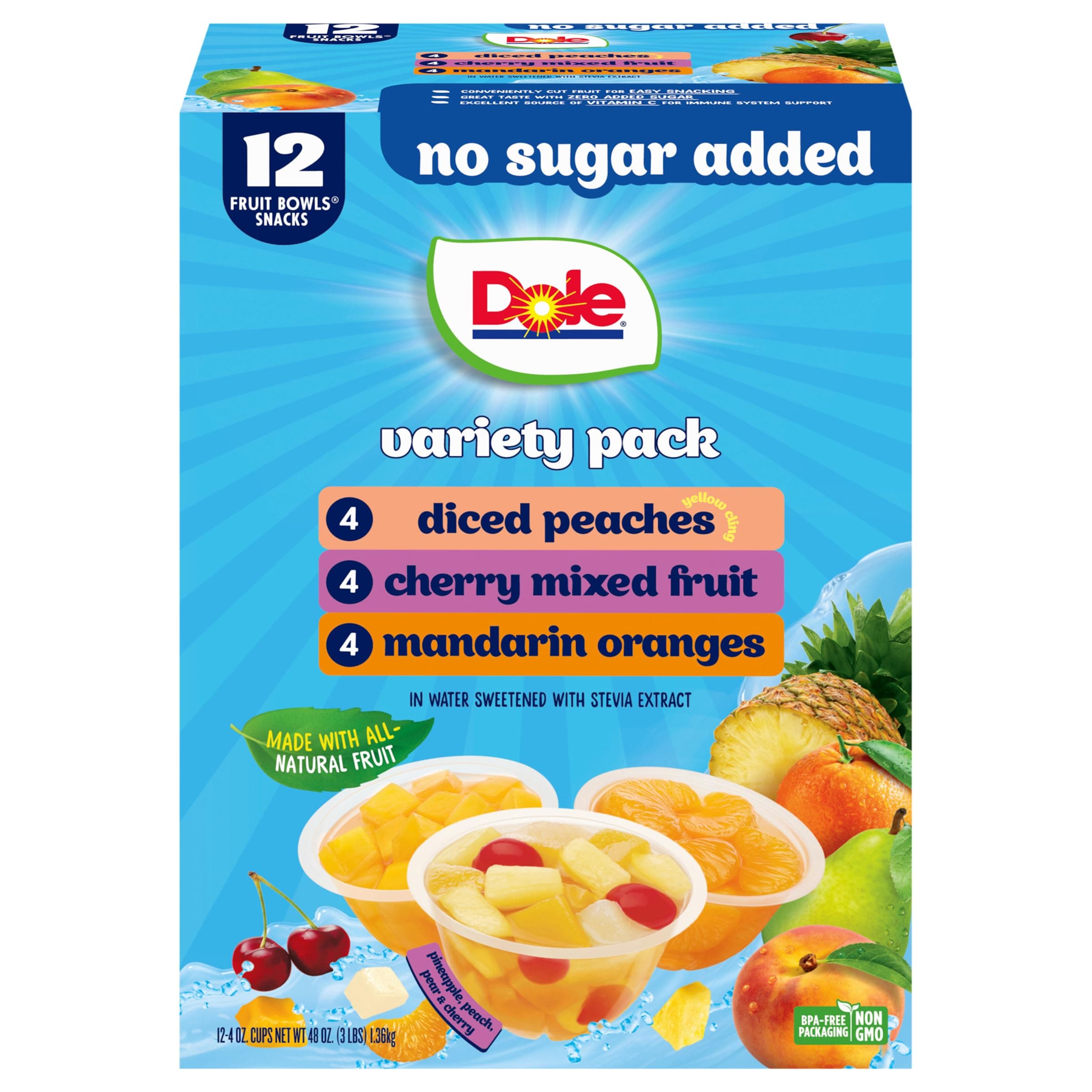 Dole Diced Peaches, Mandarin Oranges, and Cherry Mixed Fruit with No Sugar Added Variety Pack - Dole Fruit Bowls Snacks - 4 oz Bowls - 12 Pack
