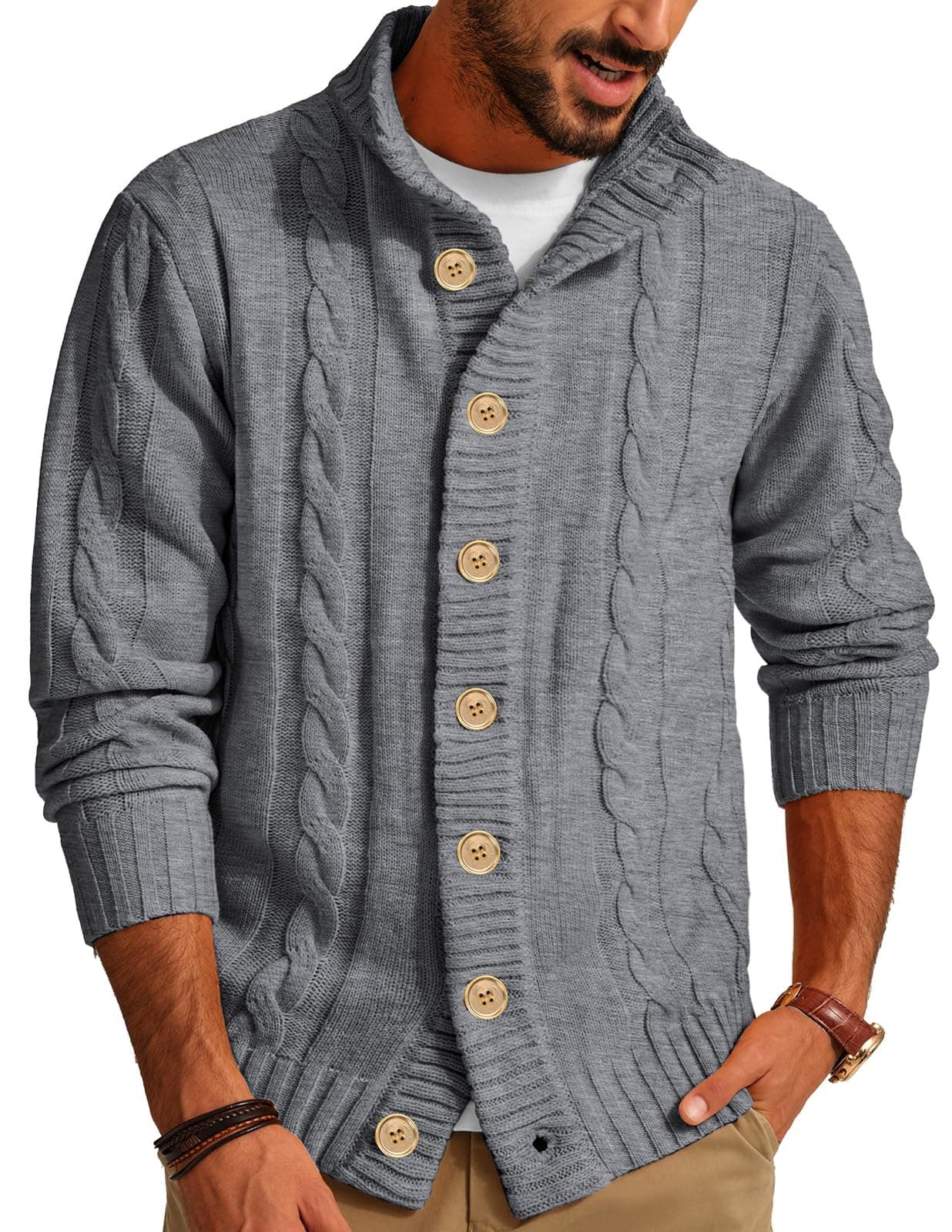 Men's Cardigan Sweaters Stand Collar Long Sleeve Cable Knit Button Down Sweater