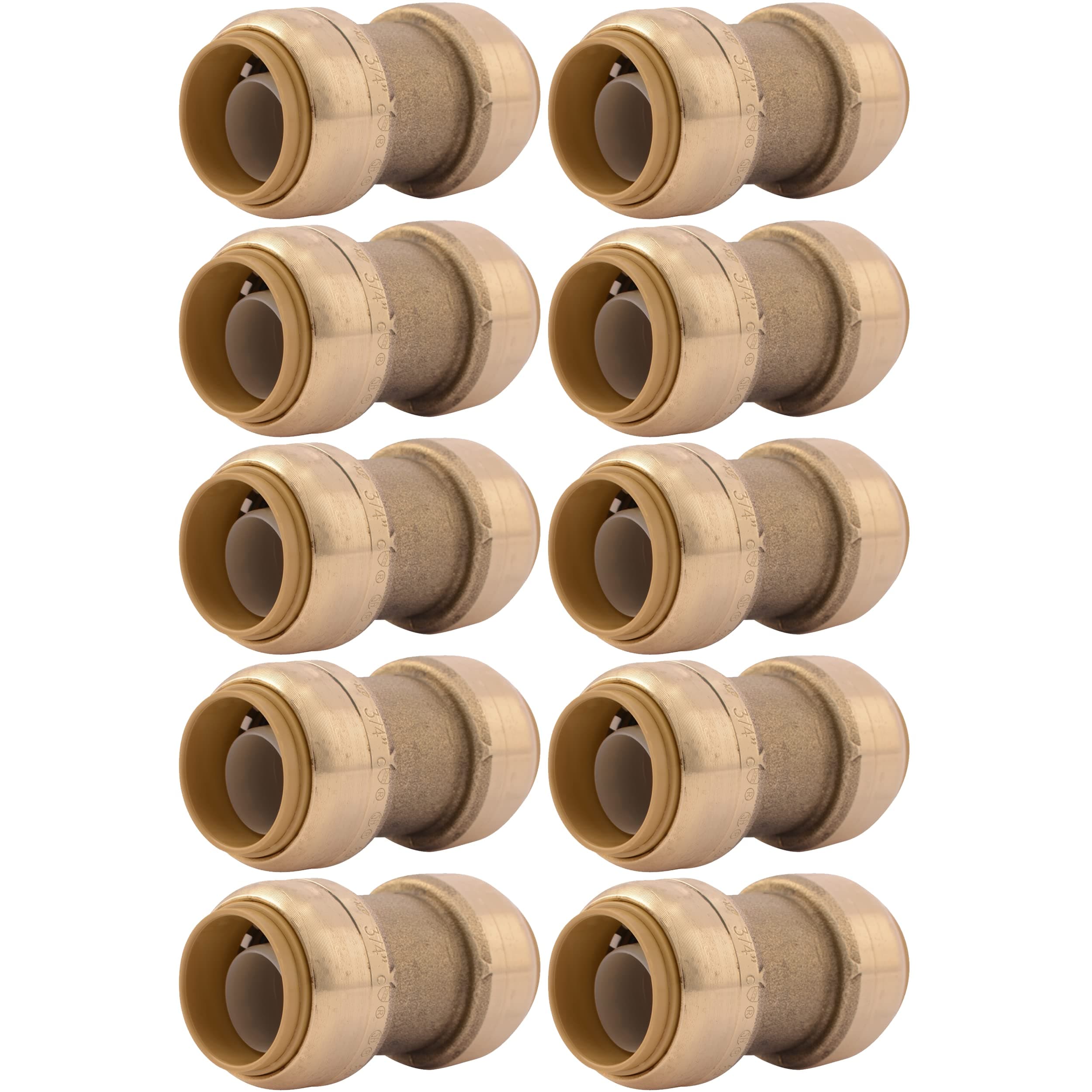 SharkBite 3/4 Inch Coupling, Pack of 10, Push to Connect Brass Plumbing Fitting, PEX Pipe, Copper, CPVC, PE-RT, HDPE, U016LFCP
