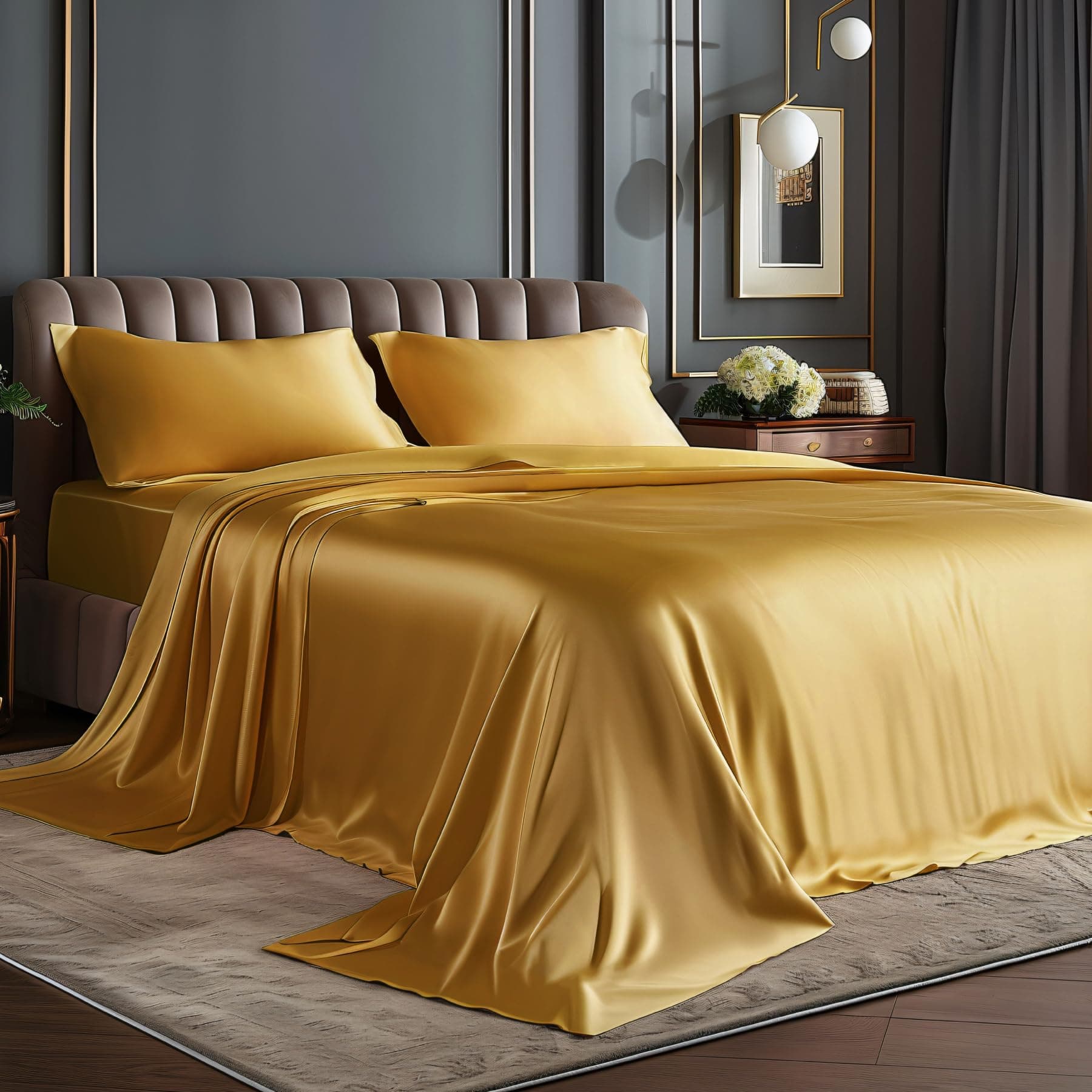 BEDELITE California King Sheets Set, Luxury Soft Gold Satin Sheets for Hair and Skin, Similar to Silk Bed Sheets Set 4 Pieces with 1 Deep Pocket Fitted Sheet, 1 Flat Sheet, and 2 Pillowcases