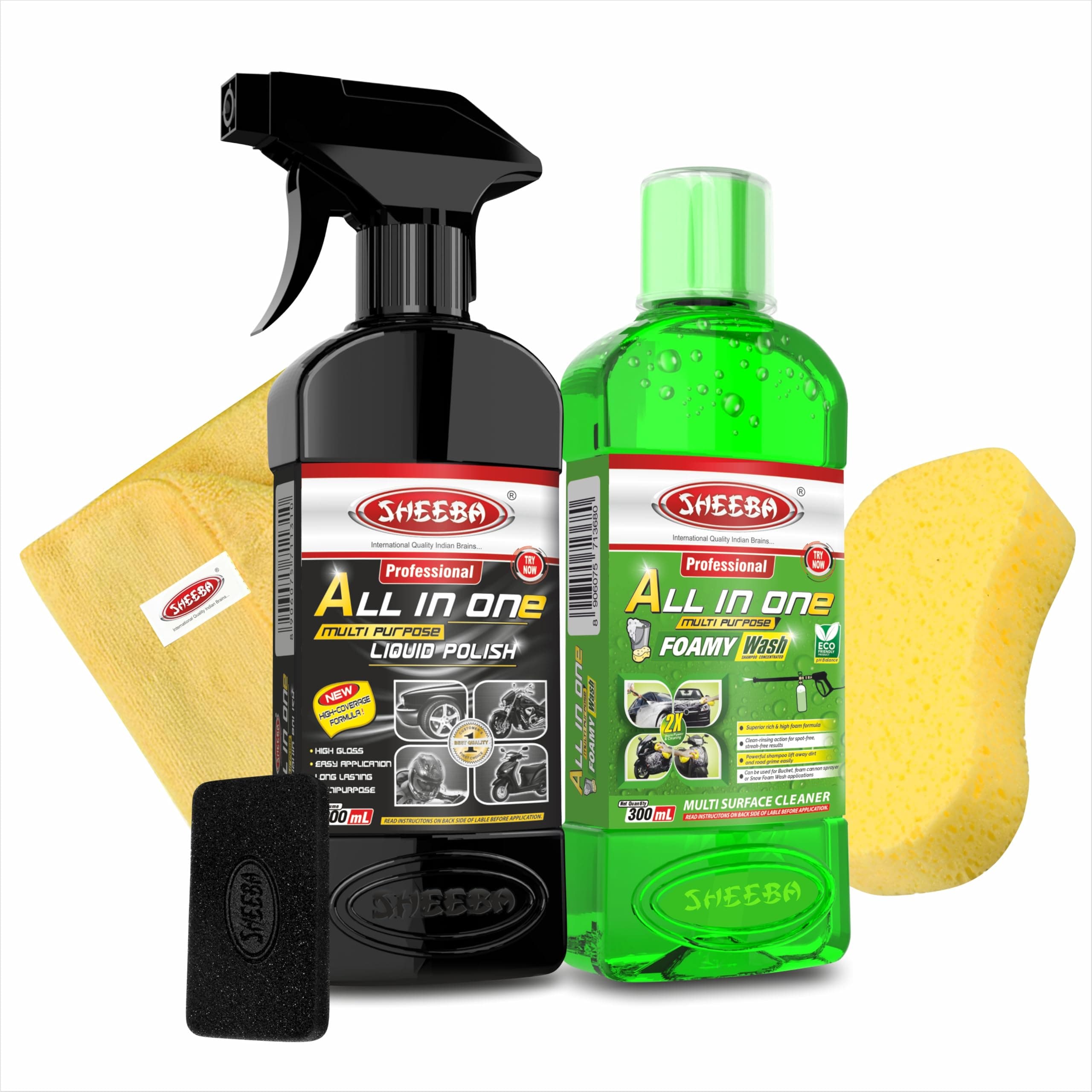 SHEEBA All in One Multipurpose Polish with Foamy Wash Shampoo for Car, Motorbike, Scooter Care with Microfiber Towel and Foam Applicator Pad-500mL Combo.