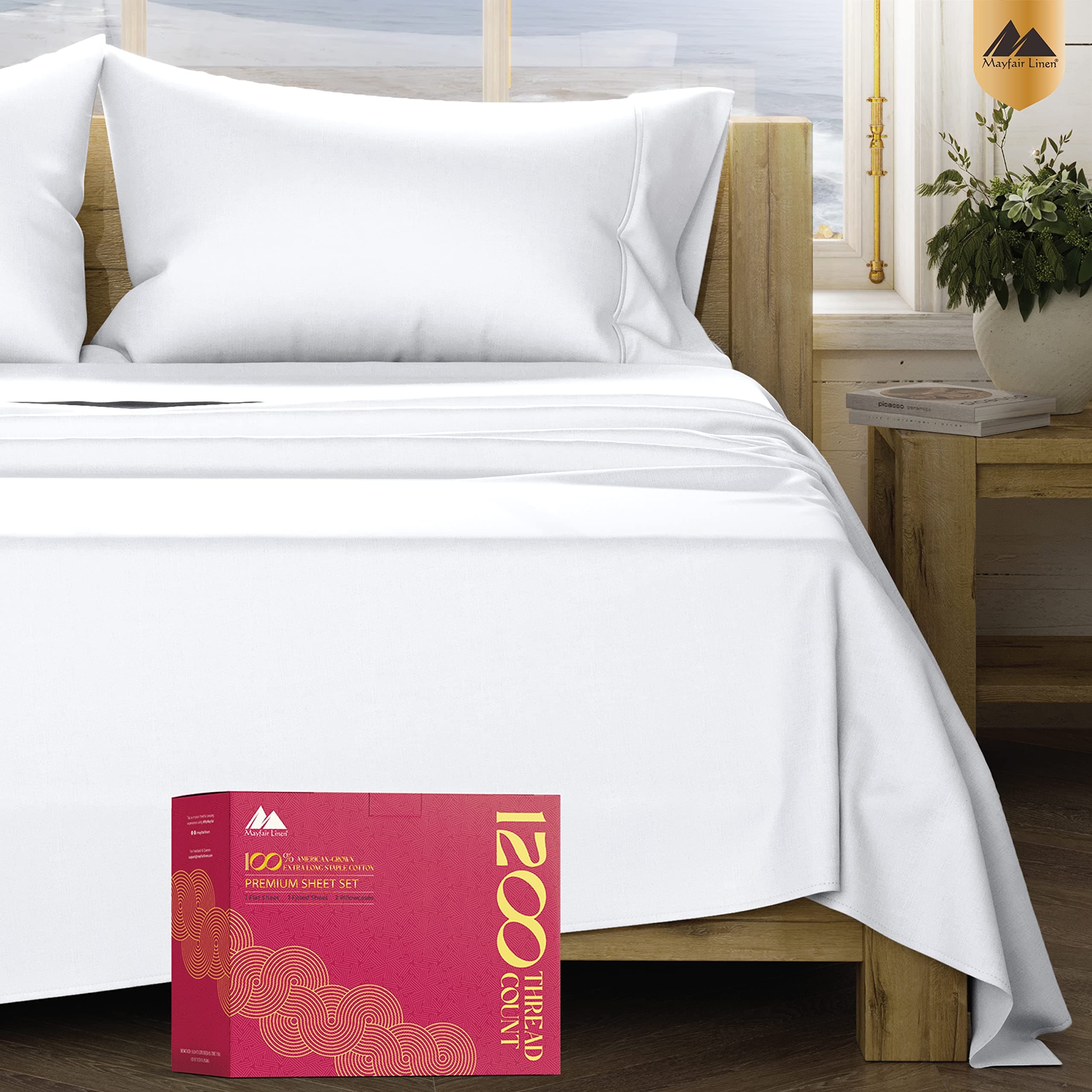 Mayfair Linen5-Star Hotel Quality 1200 Thread Count 100% Supima Cotton Sheets for Queen Size Bed, 4 Pc Bright White Premium Cotton Sheet Set, Sateen Weave with Elasticized Deep Pocket
