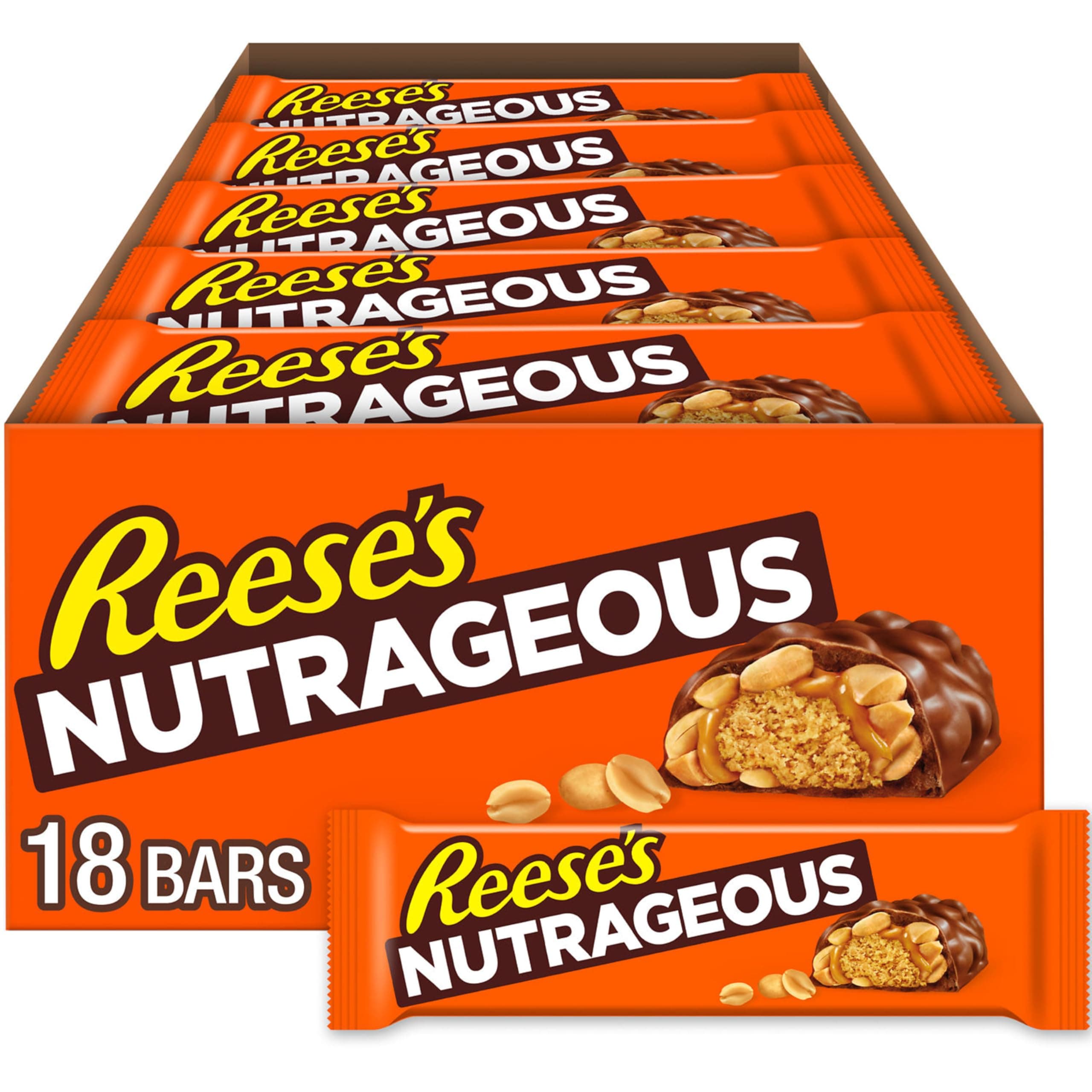 NUTRAGEOUS Candy Bar, Milk Chocolate Covered Peanut Butter, Peanuts, and Caramel Candy Bar, 1.66 Ounce Bar (Pack of 18)