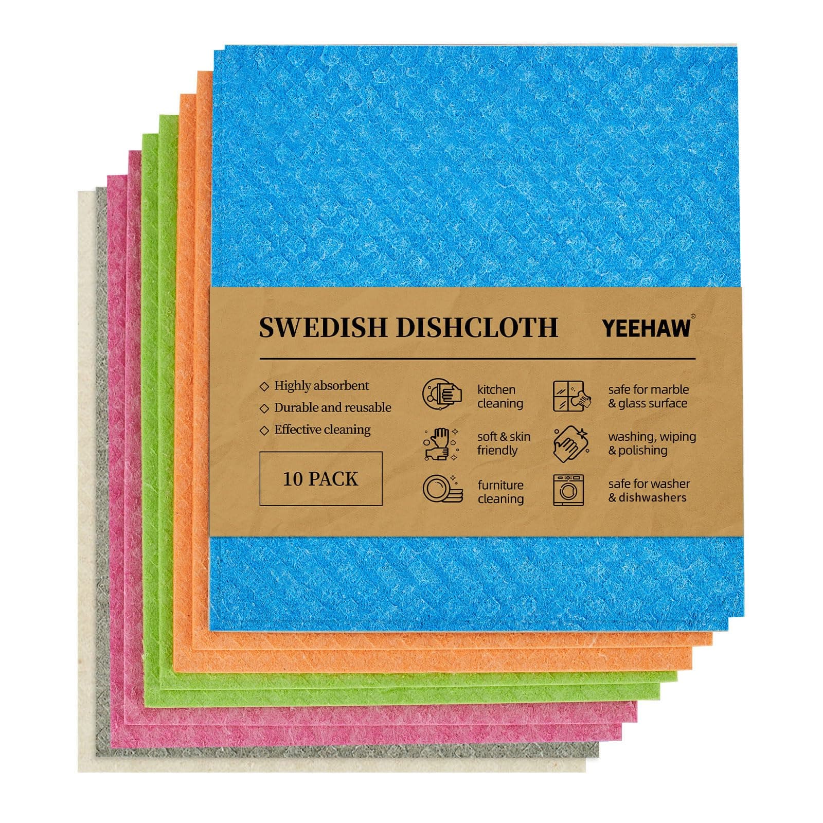 YEEHAW Swedish Dishcloths for Kitchen 10 Pack, Cellulose Sponge Cloths, No Odor Reusable Cleaning Cloths, Super Absorbent Dish Cloth Hand Towel for Kitchen, Bathroom, Glass Surface, Furniture