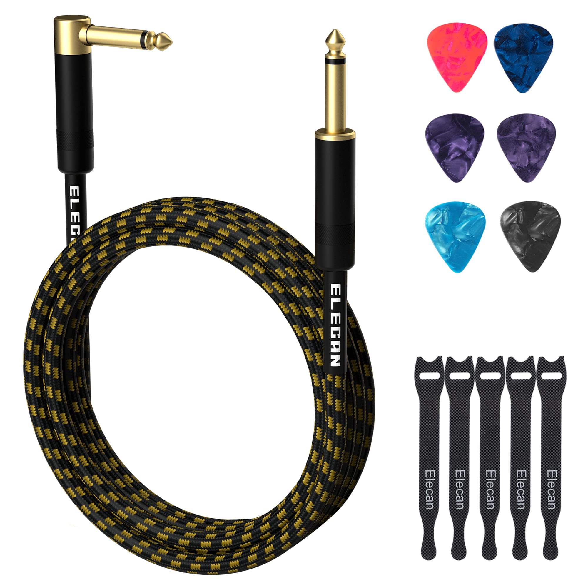 Guitar Cable 30 Feet -Right Angle to Straight Instrument Cable-Gold Plated Nylon Braided-90 Degree 1/4 Inch TS Professional Electric Bass Guitar Cord Amp Cable 6.35mm Male with 6 Guitar Picks+5 Ties