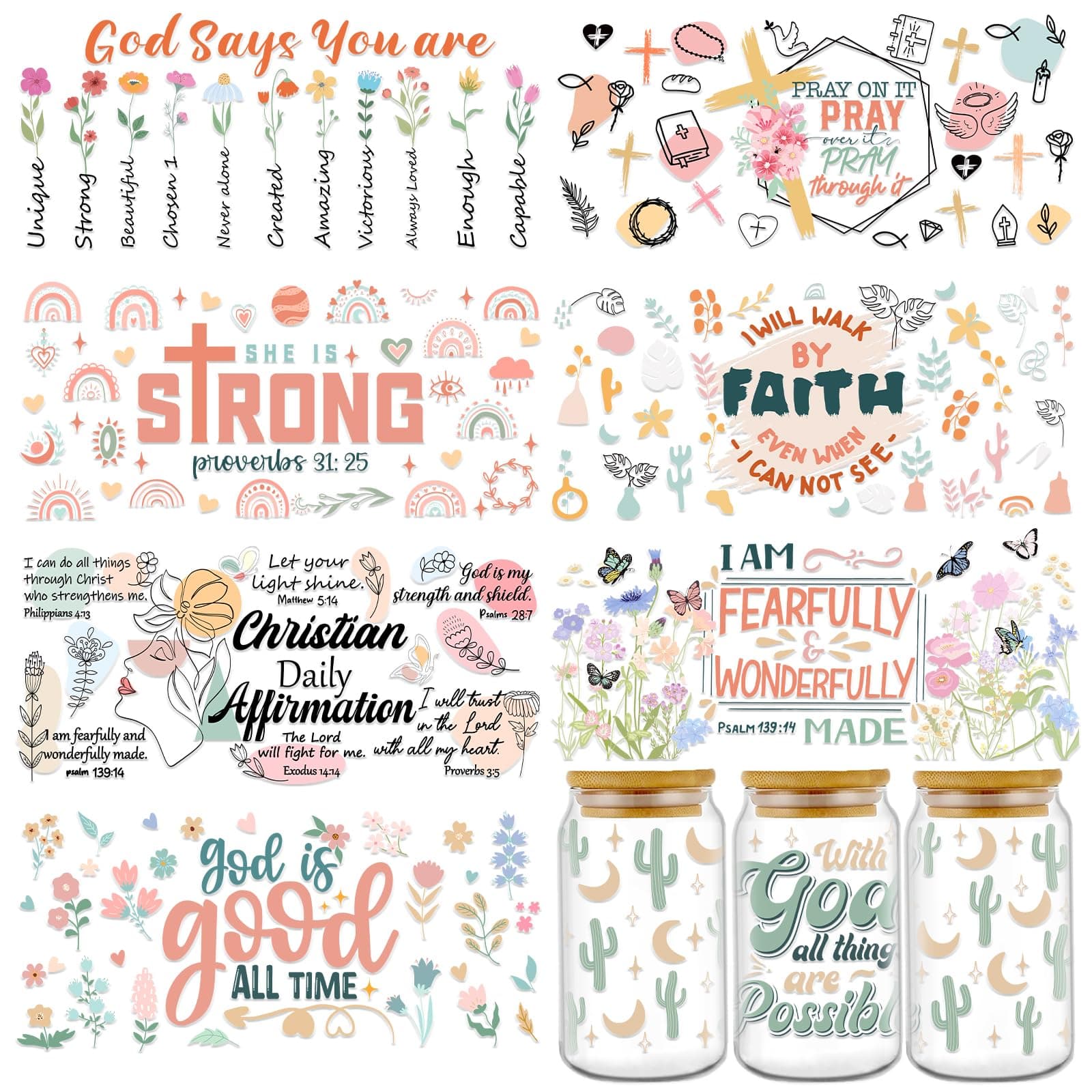 Rngmsi UV DTF Cup Wraps for 16 oz - 8 Sheets Bible Verse UV DTF Cup Wrap Stickers Christian Affirmation Inspirational Uvdtf Decals Butterfly Flower Rainbow Rub on Transfer Wraps for Glass Wood Crafts