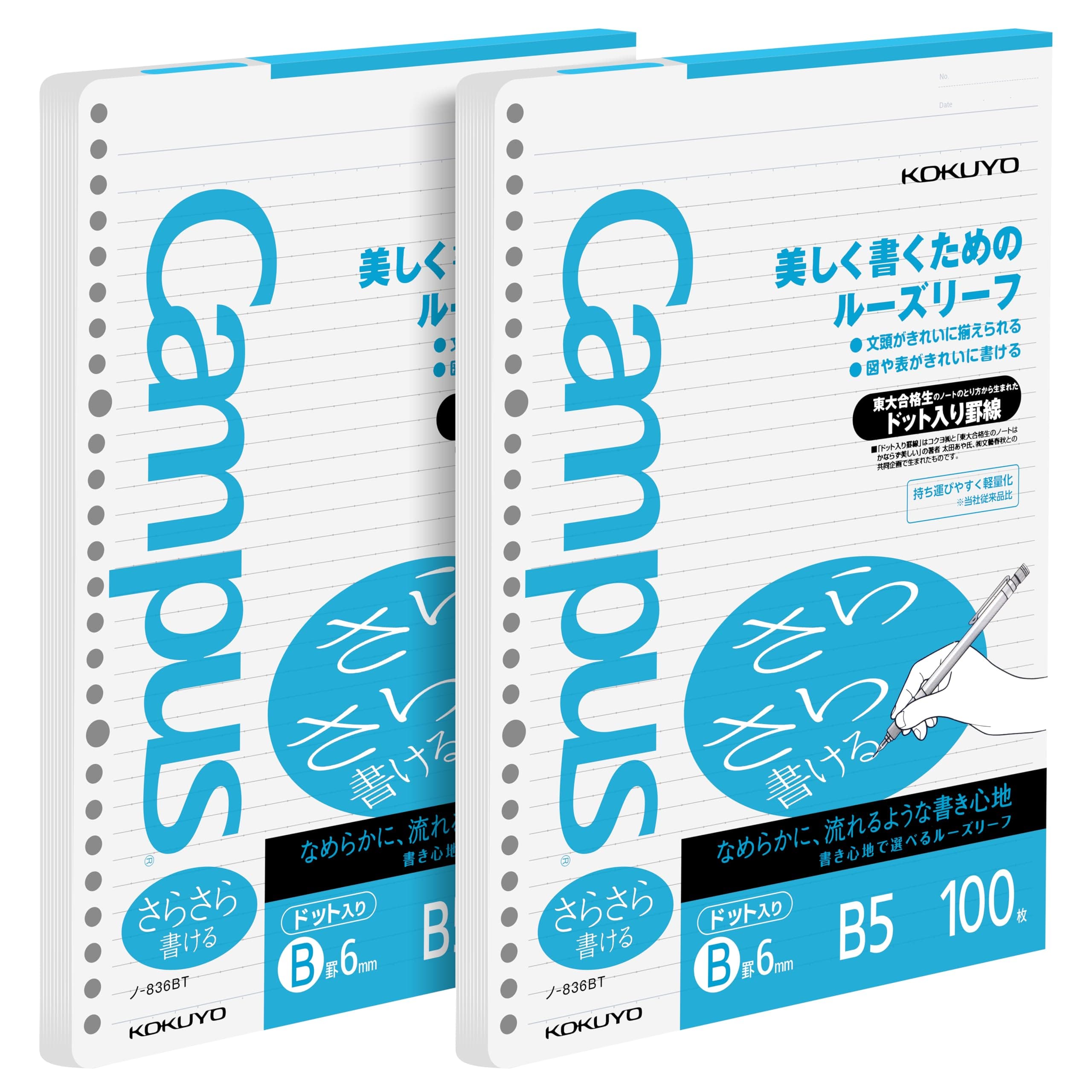 Campus Loose Leaf Paper for Binders, Sarasara Smooth Writing, B5, B 6mm Dotted Ruled, 26 Holes, 36 Lines, 100 Sheets, pH Neutral, Bleed Resistant, 75gsm, Pack of 2, Japan Import (NO-836BT)