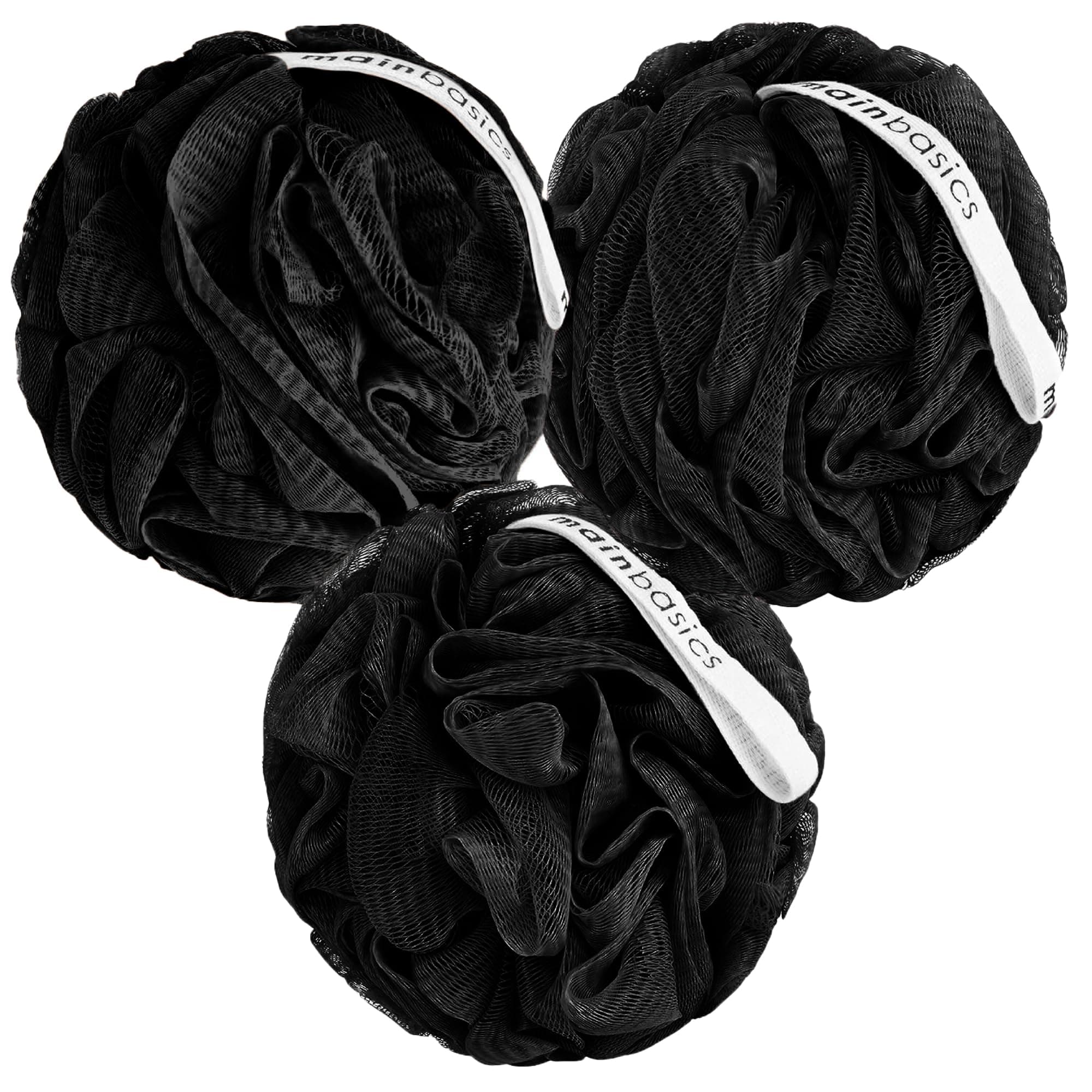 MainBasics Bath Shower Loofah Sponge Pouf Body Wash Scrubber (Set of 3) (Triple Black)