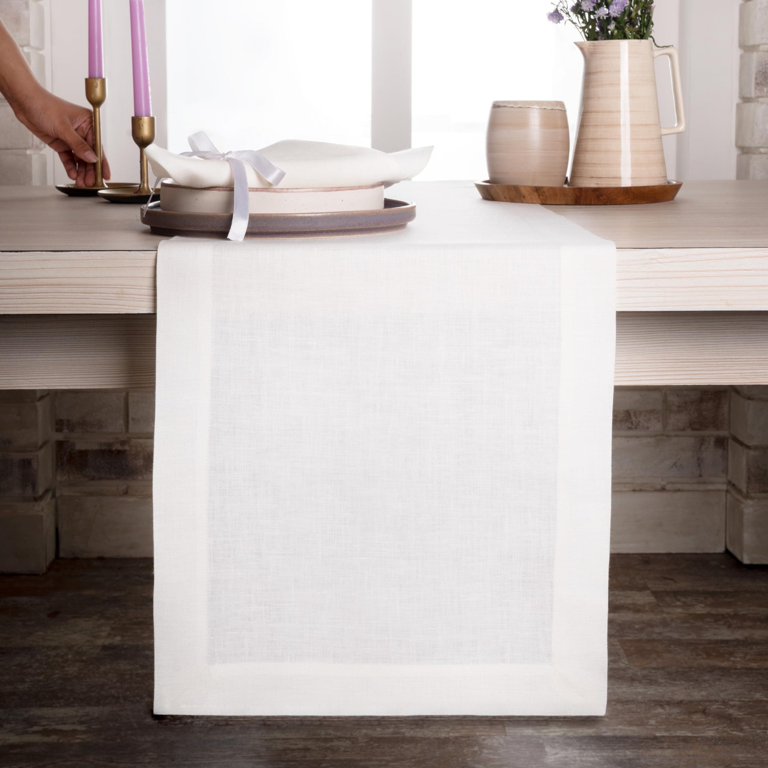 D'Moksha HomesIvory Linen Table Runner 108 inches Long, Summer Table Runner, Ivory Table Runner, 100% Pure Linen, Long Table Runner - Machine Washable - Hemmed, 14x108 inches