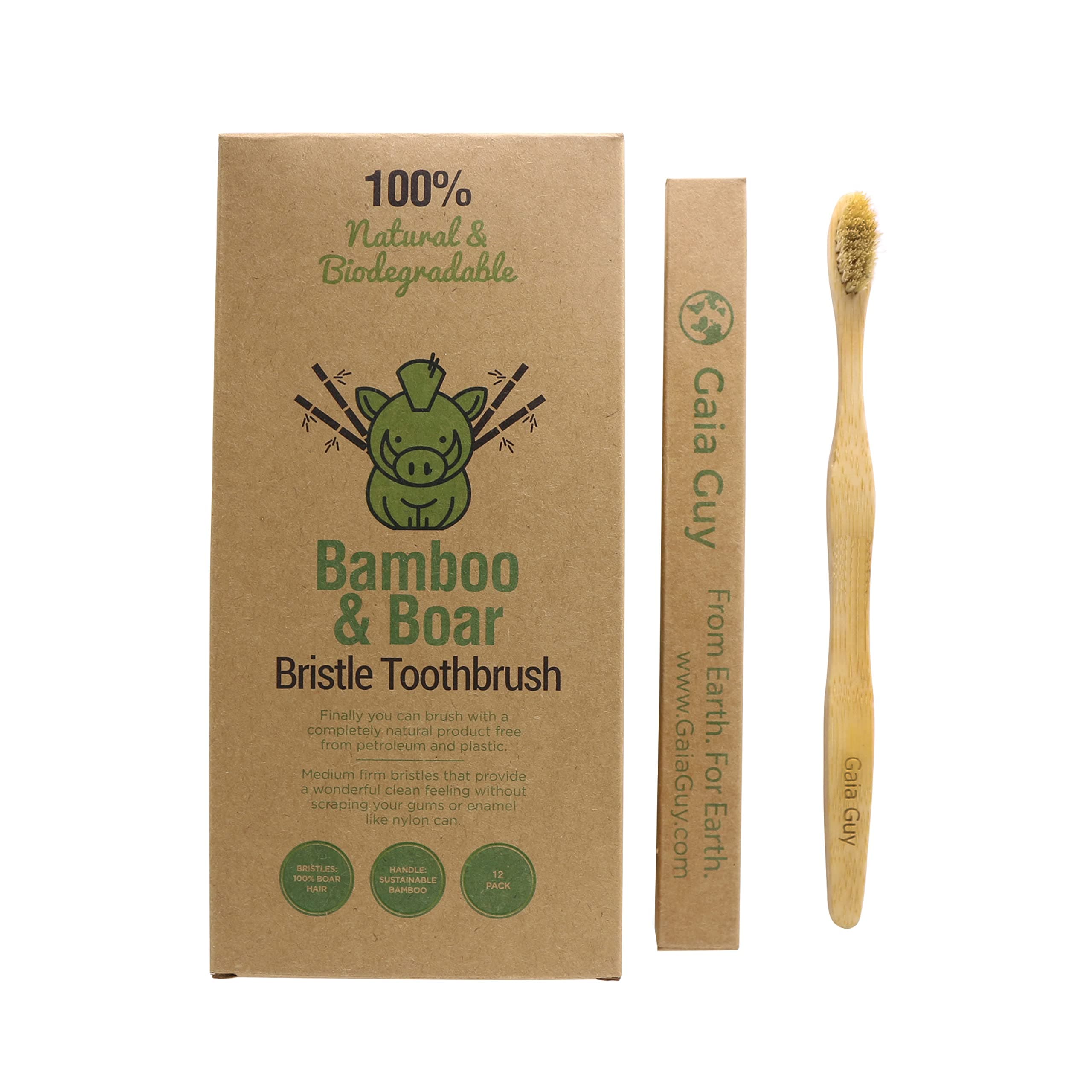 Natural Bristle Bamboo Toothbrush with Boar Bristles - Totally Biodegradable and Compostable - No Nylon Toothbrushes - Zero Waste 12-Pack