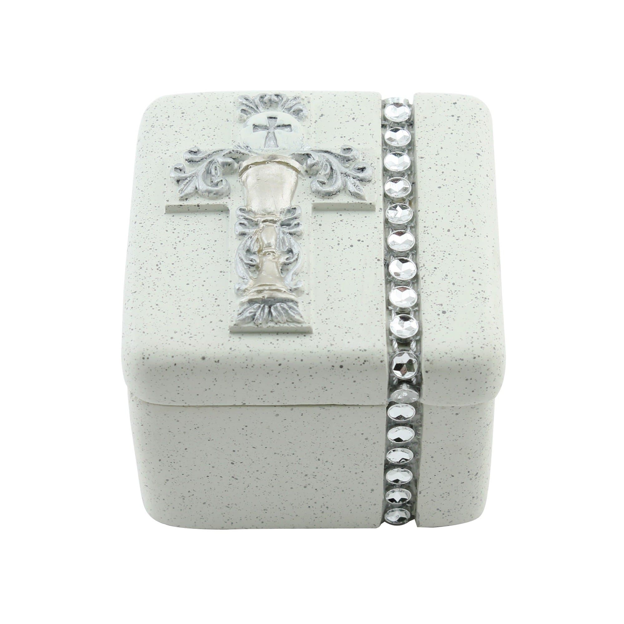Roman First Holy Communion Silver Chalice 2 x 2 Inch Resin Stone Keepsake Rosary Jewelry Box