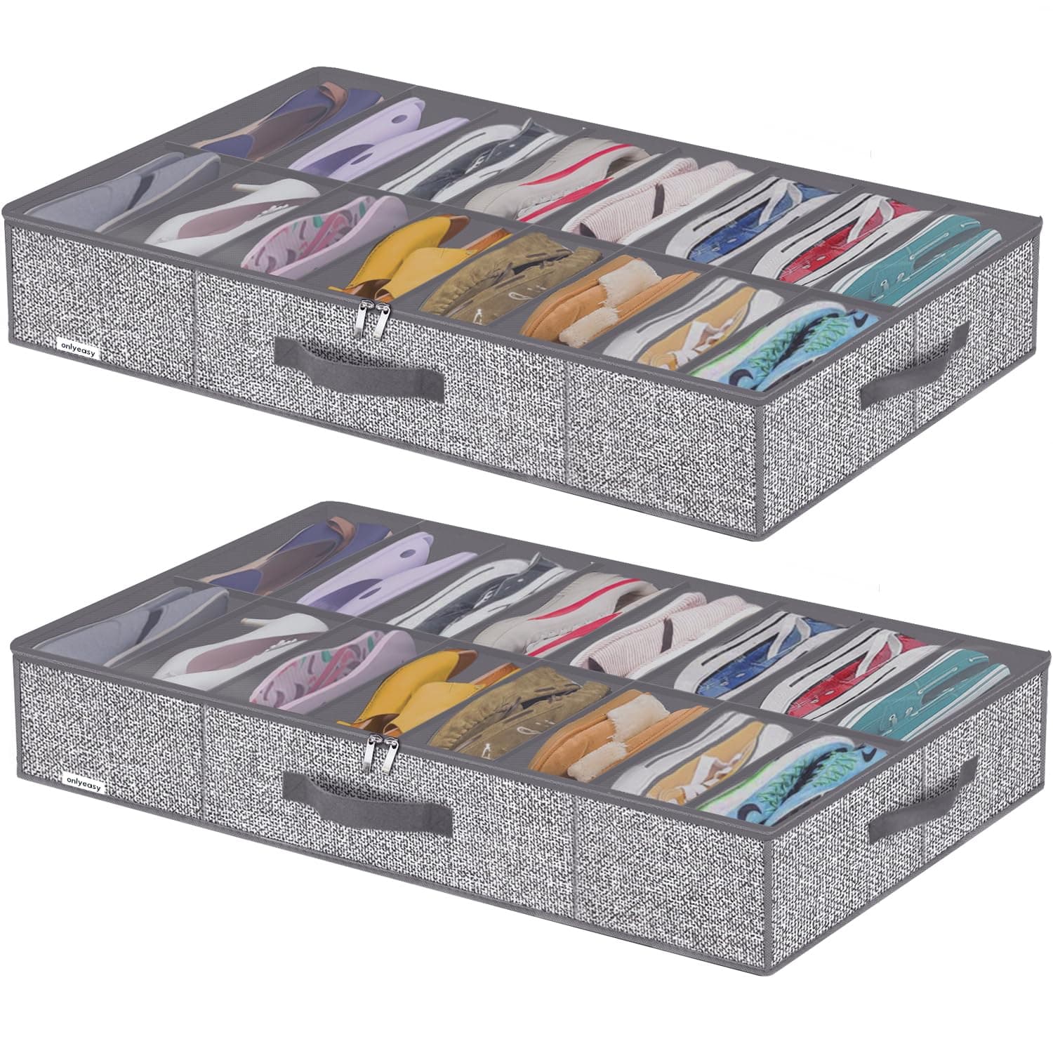 Onlyeasy Sturdy Under Bed Shoe Storage Organizers with Handles & Clear Window (16 +16 Pairs) 2 Pack, Closet Shoes Containers Boxes for Kids & Adults, 37.7"x23.6"x5.9", Linen-like Grey, MXDUBS16P2
