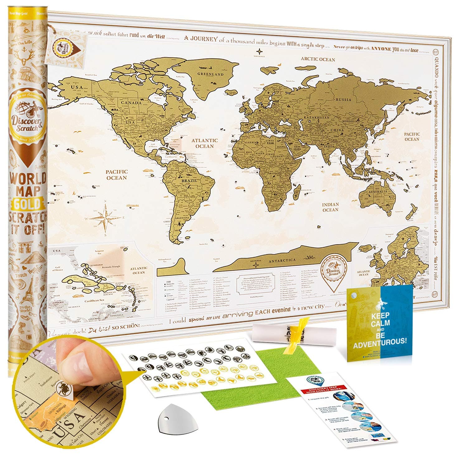 Discovery Map Scratch off World Map Poster Gold - Large Detailed Scratch off Map of the World 35x25 - Premium Travel Map Scratch off with USA / Canada States and 2 Extra Maps
