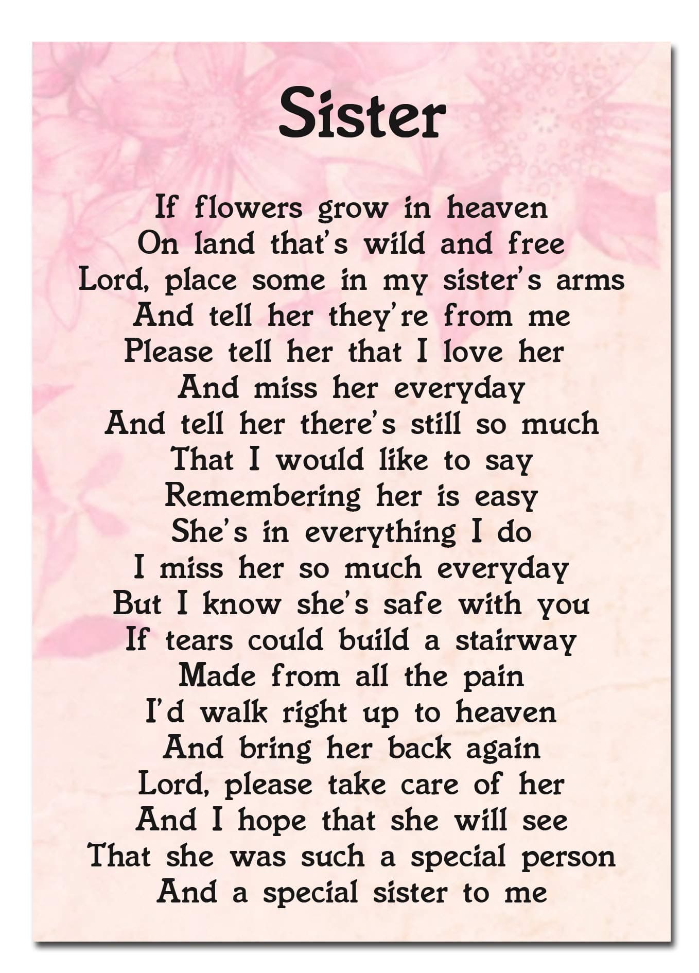 Sister Memorial Graveside Poem Keepsake Card Includes Free Ground Stake F46