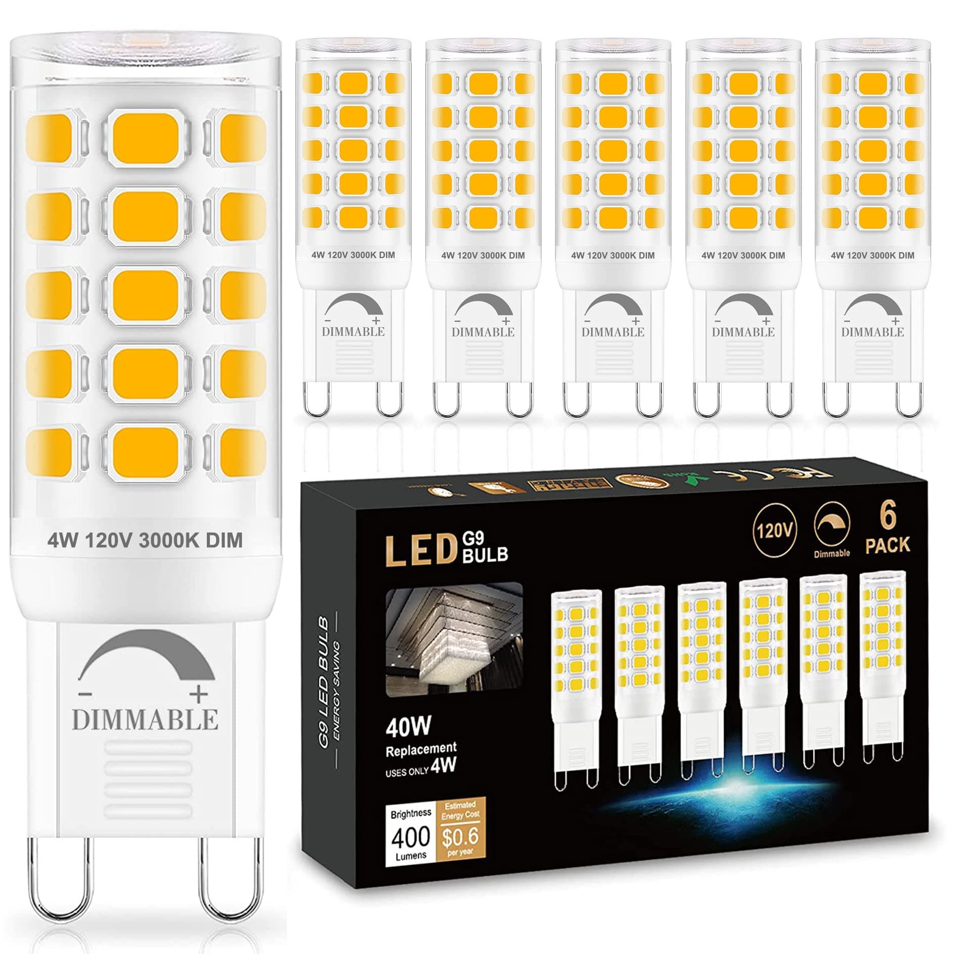 Sailstar G9 LED Bulb Dimmable 40W Equivalent, G9 Bulb 3000K Warm White, 400 Lumens, 360° Beam Angle, No Flicker, 120V, G9 Bi-pin Bulb Ceramic Base, 4W G9 Light Bulbs for Chandeliers, 6 Pack