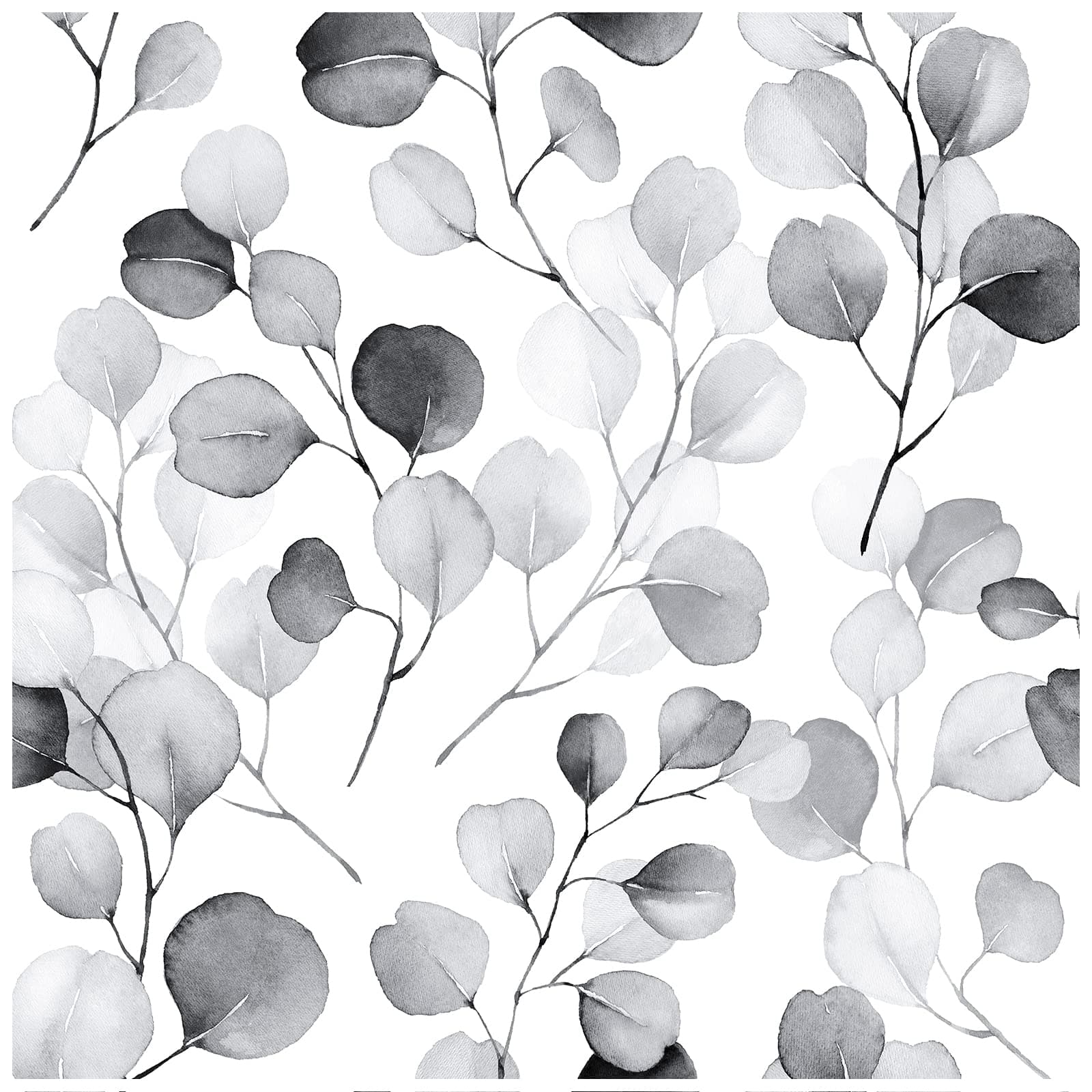 Peel and Stick Wallpaper Black/Grey/White Eucalyptus Leaf Floral Wall Mural Home Nursery Decor 17.7in x 9.8ft