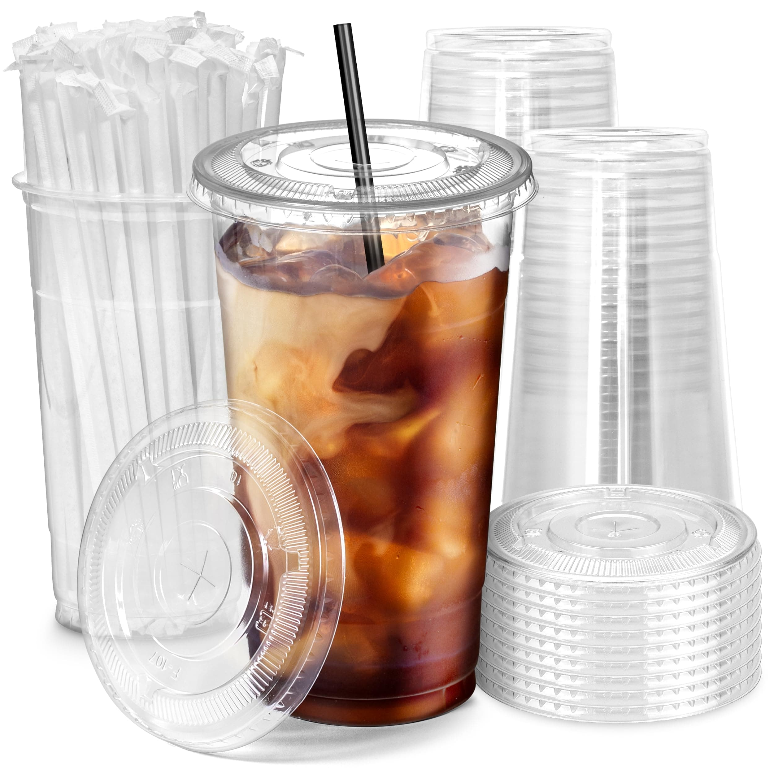 Fit Meal Prep 300 Pack 32 oz Plastic Iced Coffee Cups with Flat Lids and Black Straws, Disposable Clear Cup, BPA Free Cup for Party, Smoothie, Cold Drinks, Juice, Milkshake, Bubble Boba, Tea