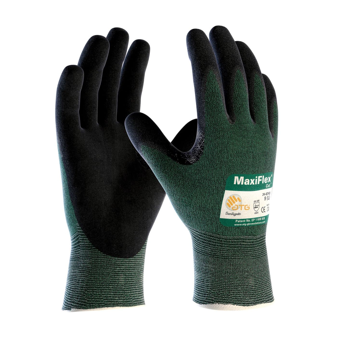 ATG 3 Pack MaxiFlex Cut 34-8743 Cut Resistant Nitrile Coated Work Gloves with Green Knit Shell and Premium Nitrile Coated Micro-Foam Grip on Palm & Fingers. Sizes S-XL (Large)