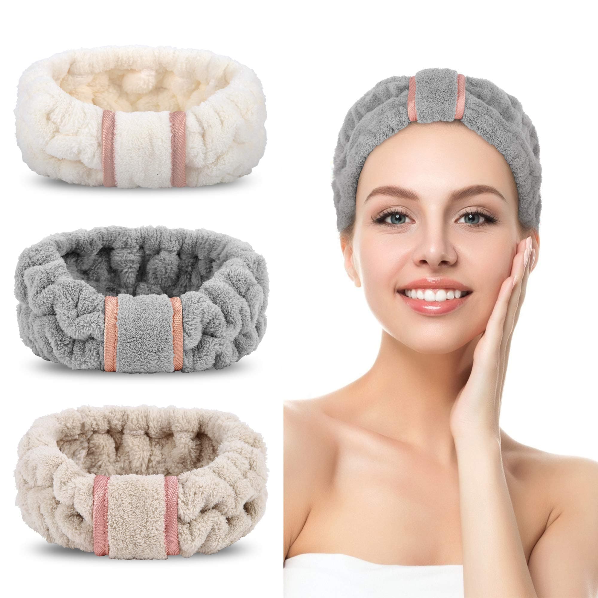 DOOBO 3 Pack Spa Headbands Microfiber SkinCare Face Wash Headband Facial Headband Makeup Towel Headbands for Women for Washing Face(White, Gray, Khaki)
