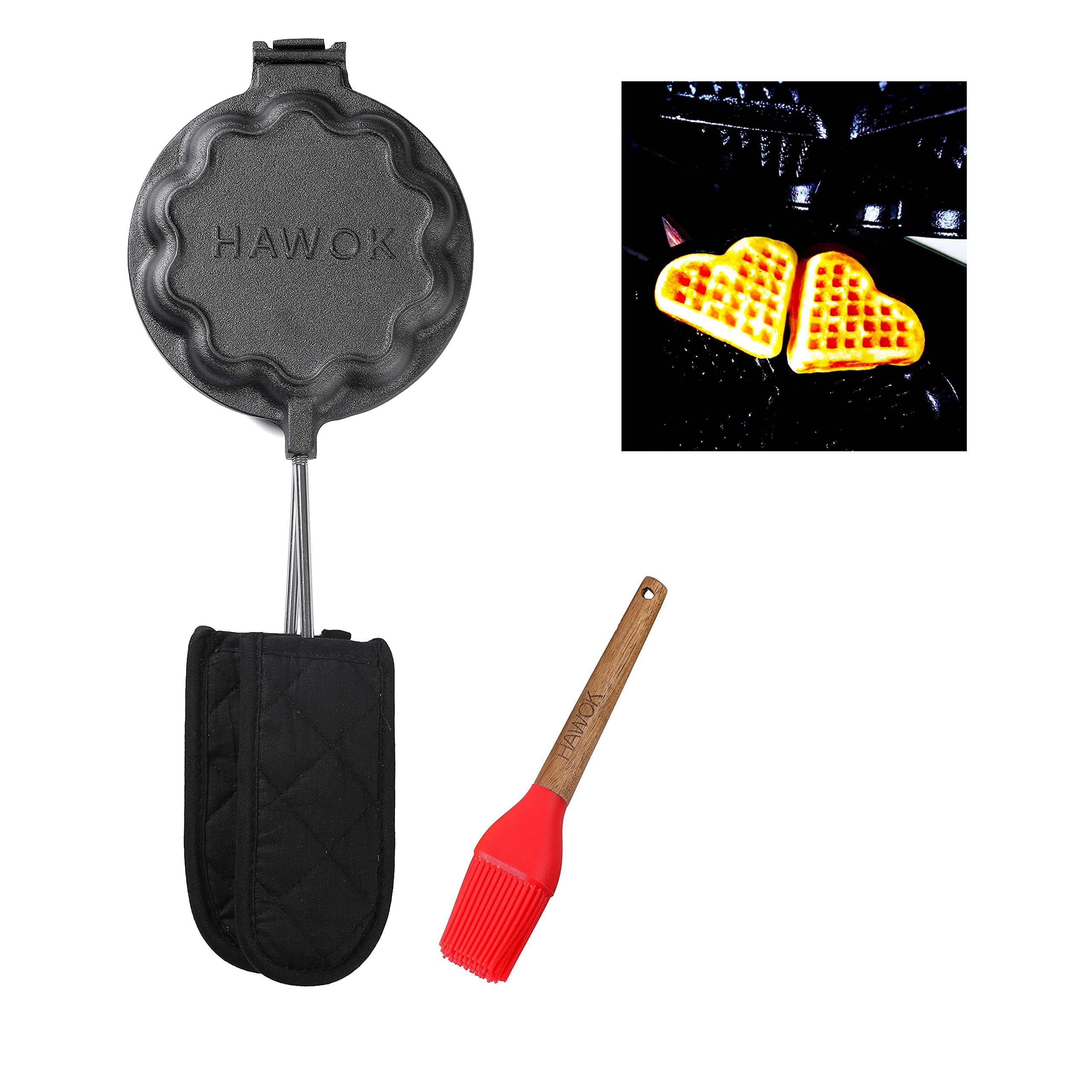 HAWOK Cast Iron Waffle Heart Shape Maker with Handle Hoder and Basting Brush……