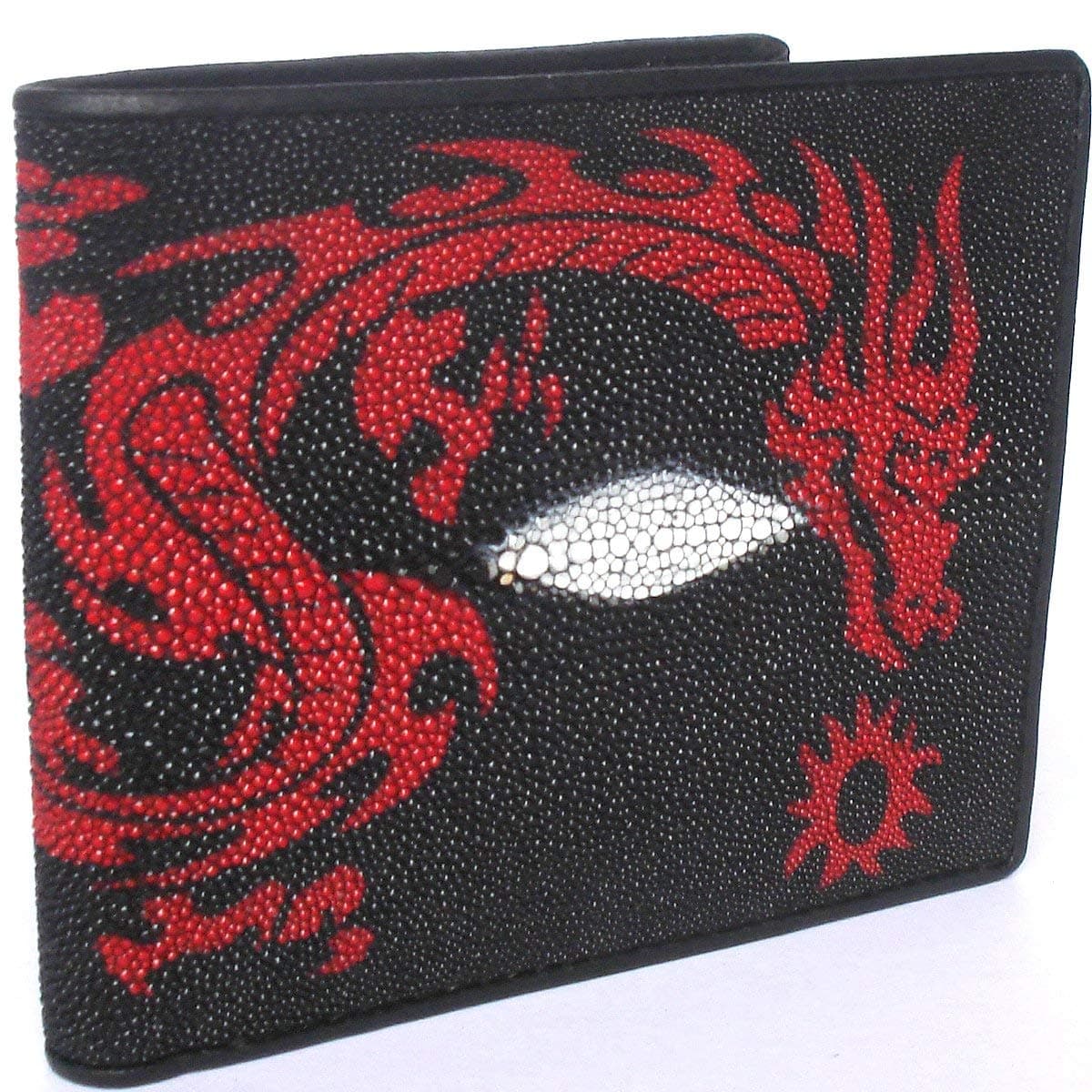 GENUINE STINGRAY LEATHER BIFOLD WALLET WITH RED DRAGON (UNISEX)