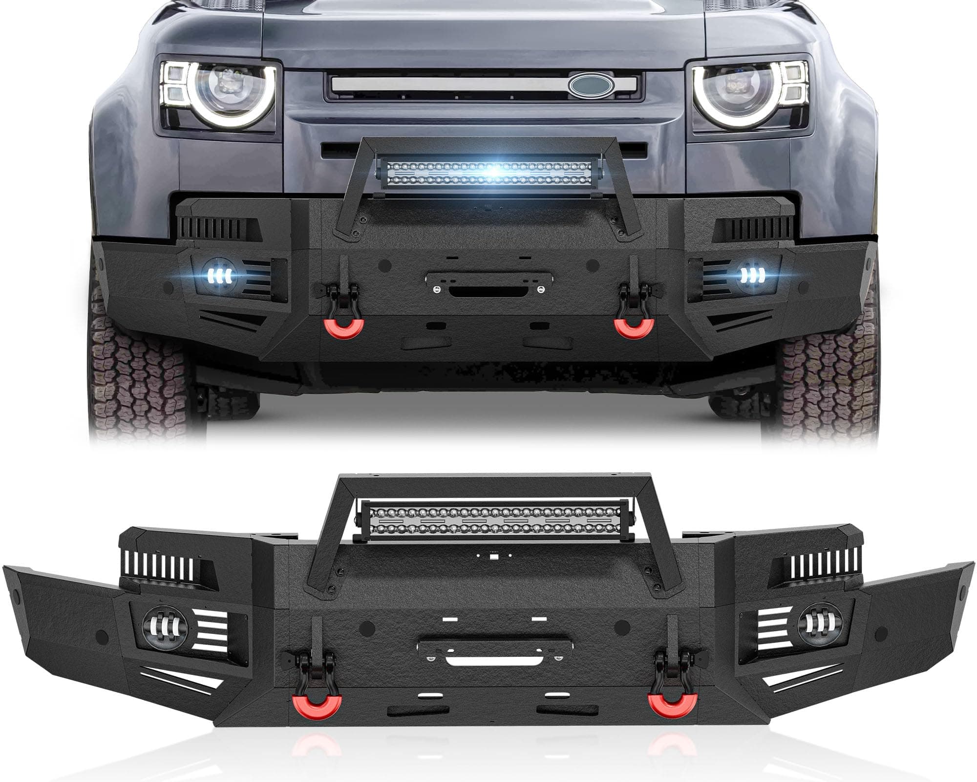 for Land Rover Defender Front Bumper Compatible with 2020 2021 2022 2023 2024 Landrover Defender 90 110 with Skid Plate, Winch Plate, Sensor Holes, 3 x LED Lights, License Plate Frame & D-rings