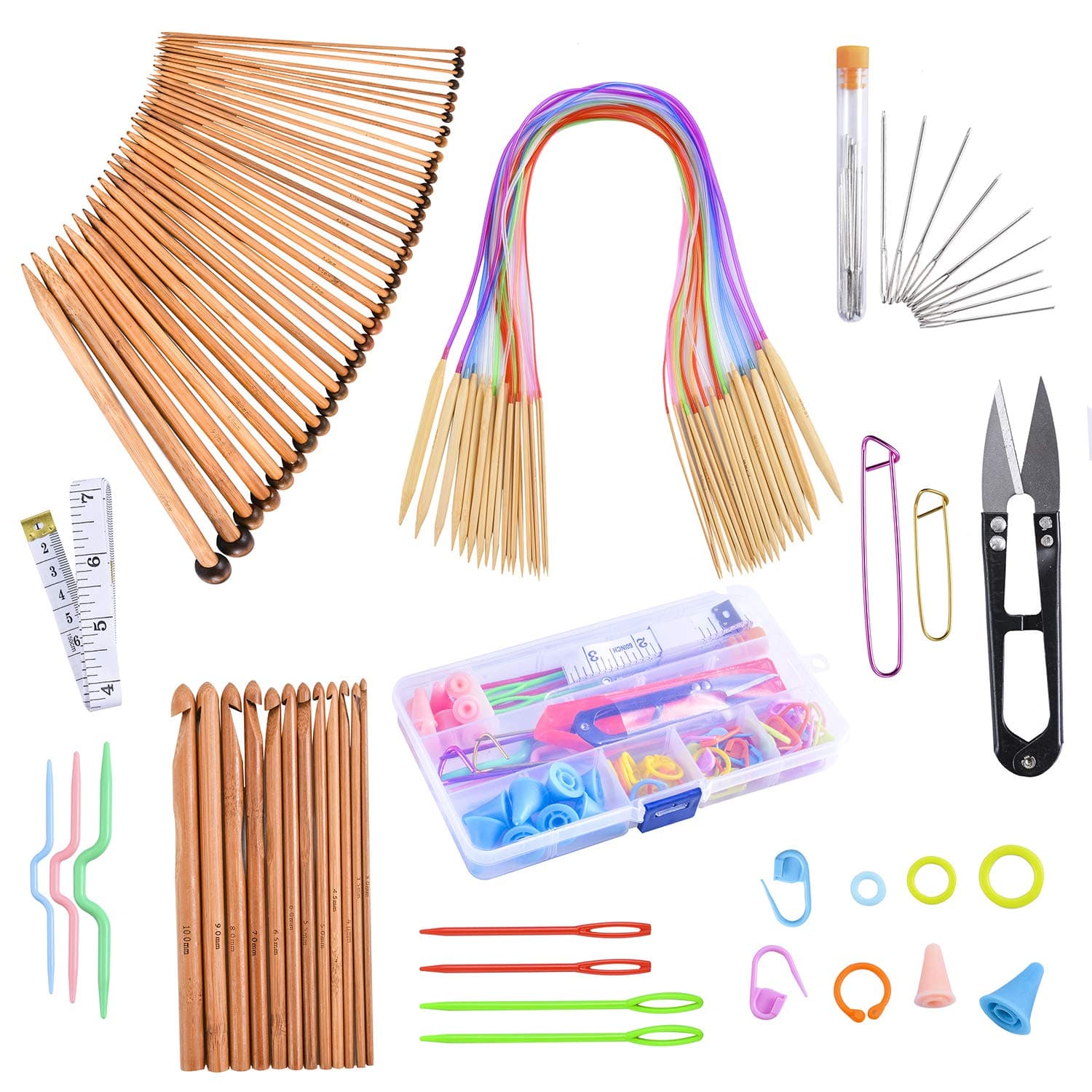 Knitting Needles Set-18 Pairs 18 Sizes Bamboo Circular Knitting Needles with Colored Tube 36 Pcs 18 Sizes Single Pointed Bamboo Knitting Needles 12 Pcs 12 Sizes Crochet Hooks Set Weaving Knitting Kits
