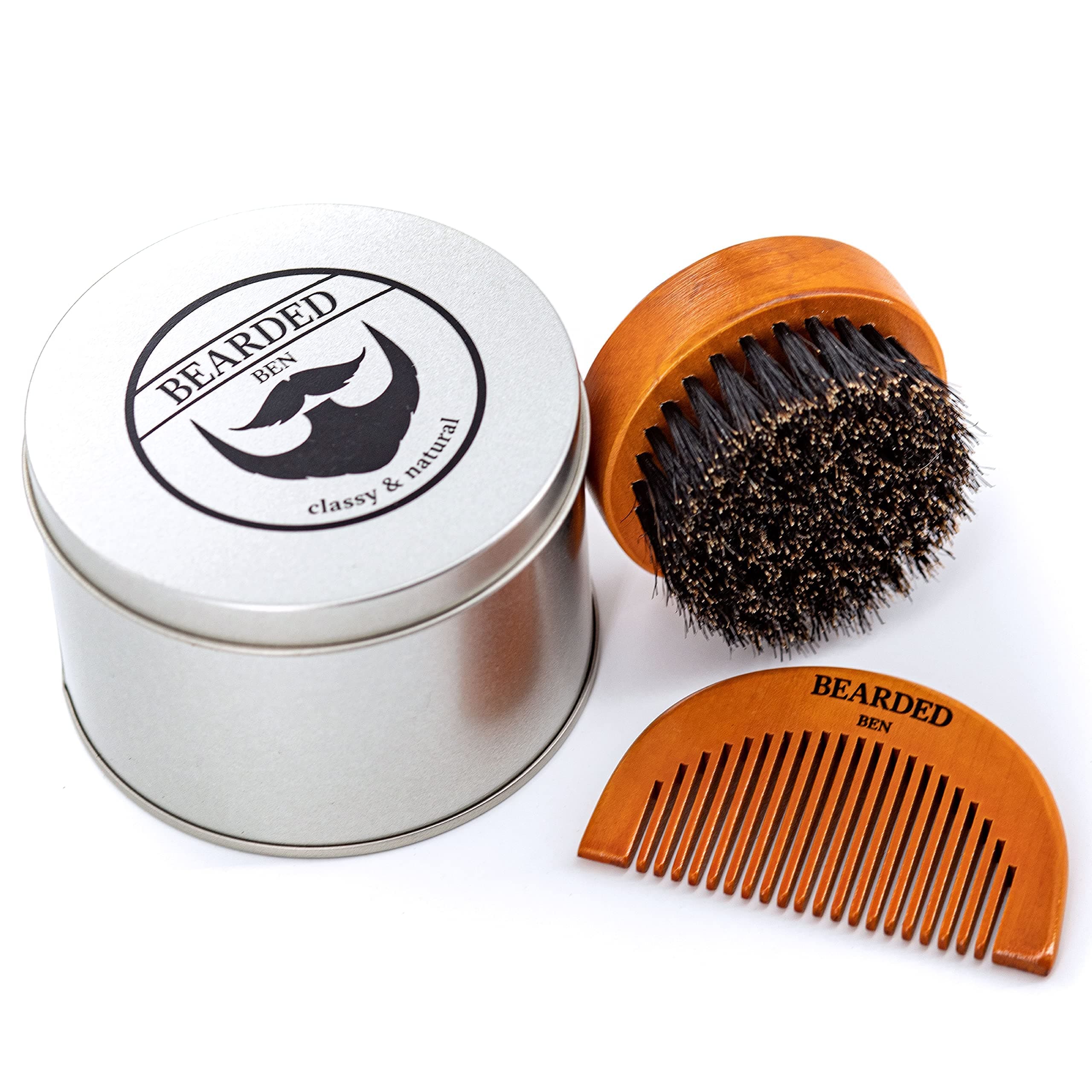 BEARDED BEN Beard Brush Teak Brown Made with Pure Wild Boar Bristles, Gift Box incl. Beard Comb & Brush