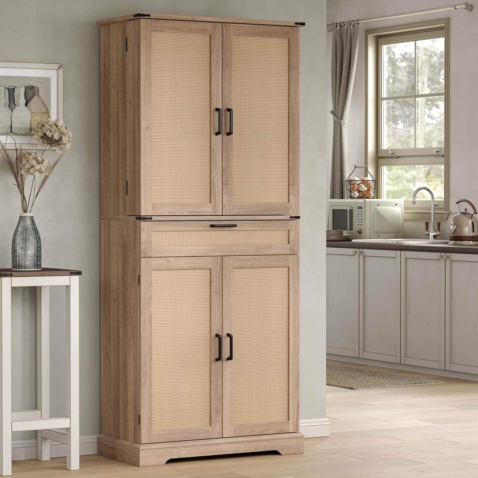 72'' Tall Kitchen Pantry, Storage Cabinet with Rattan Doors, 2 Cabinets, Adjustable Shelf and 8 Door Racks, Freestanding Wood Cupboard for Kitchen, Dining Rom, Bathroom, Laundry, Living Room, Oak