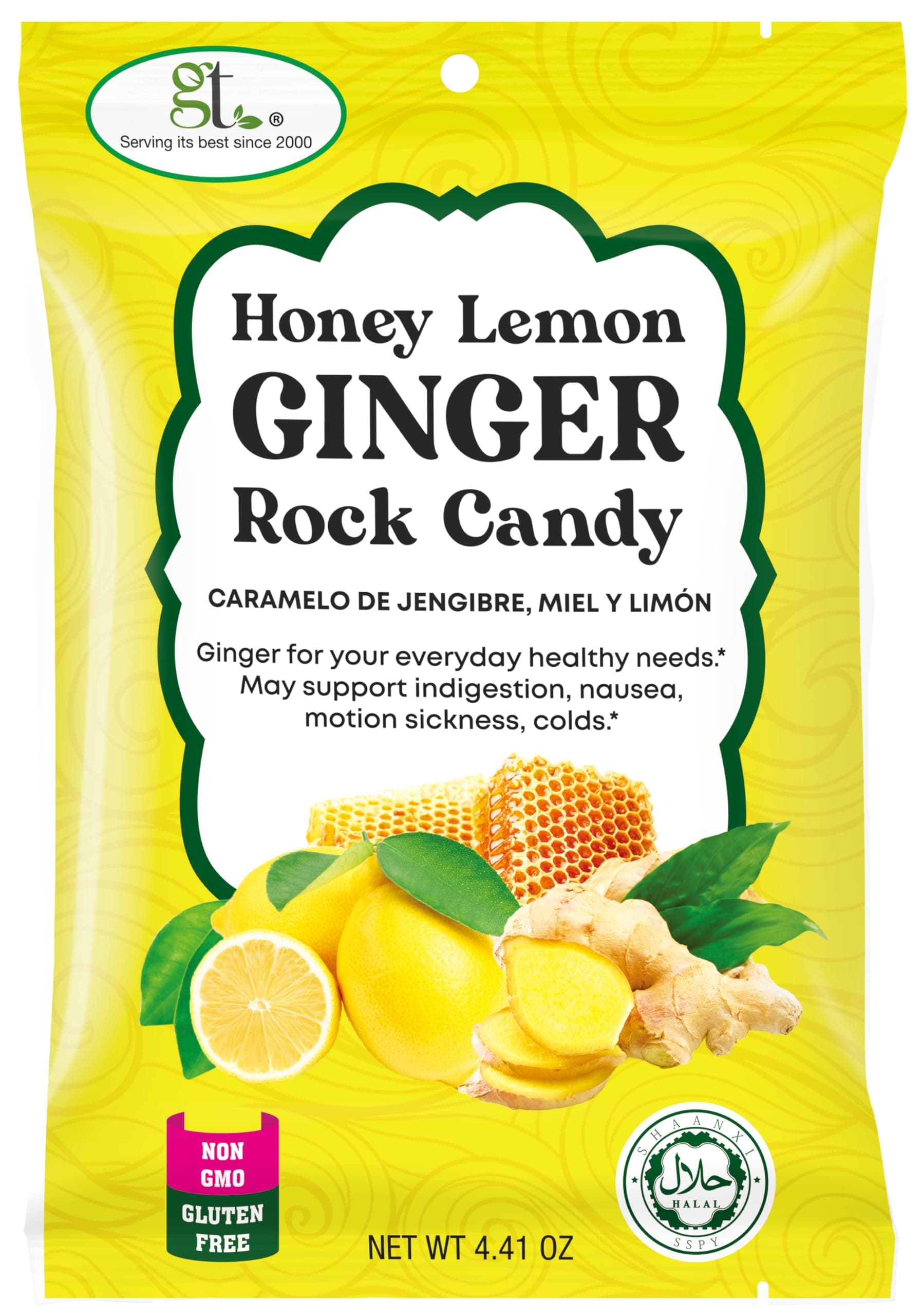 Honey Lemon Ginger Rock Candy, 4.41 Ounce Bag, 1 Pack
