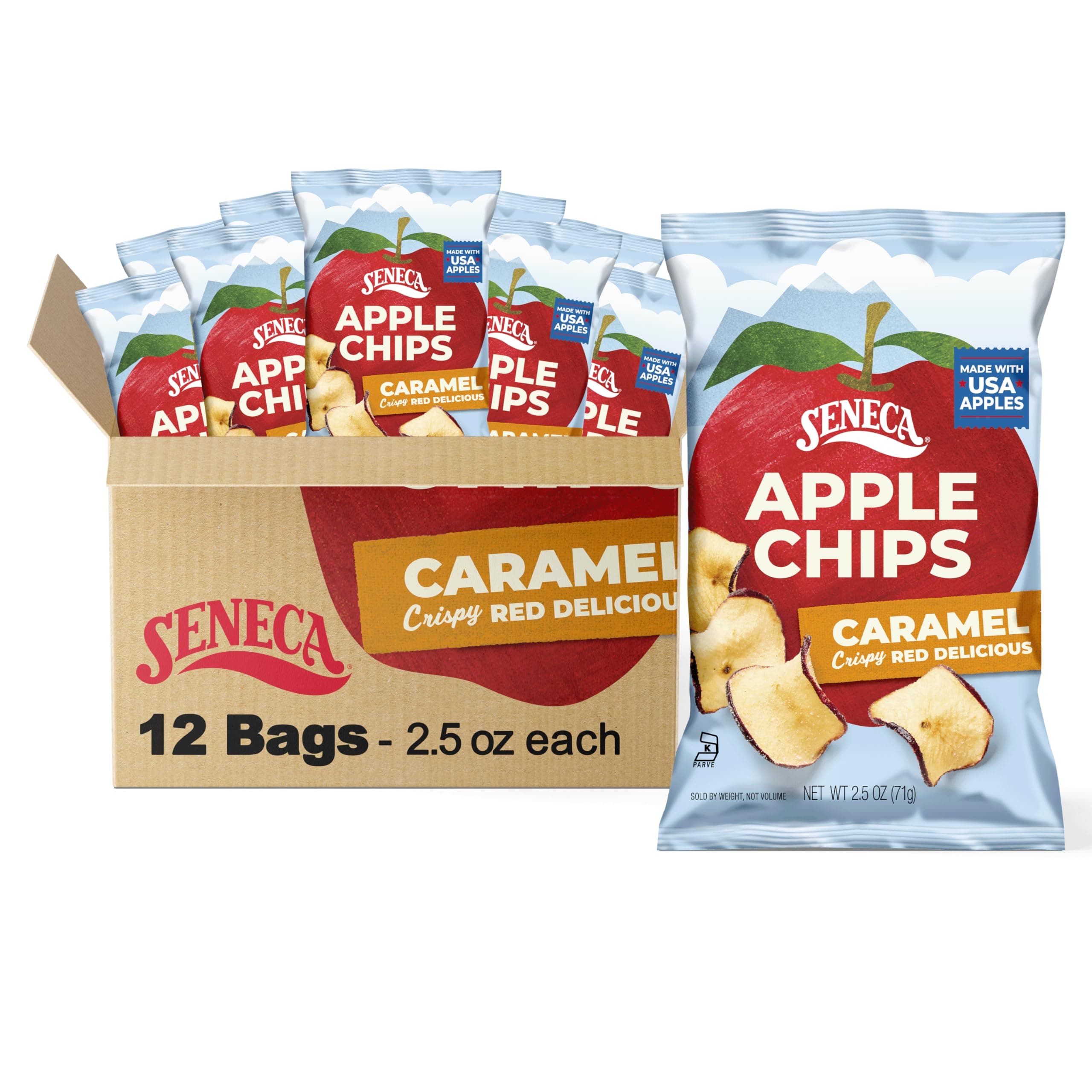 Seneca Caramel Apple Chips | Made from Fresh Apples | 100% Red Delicious Apples | Yakima Valley Orchards | Crisped Apple Perfection | Foil-Lined Freshness Bag | 2.5 ounce (Pack of 12)