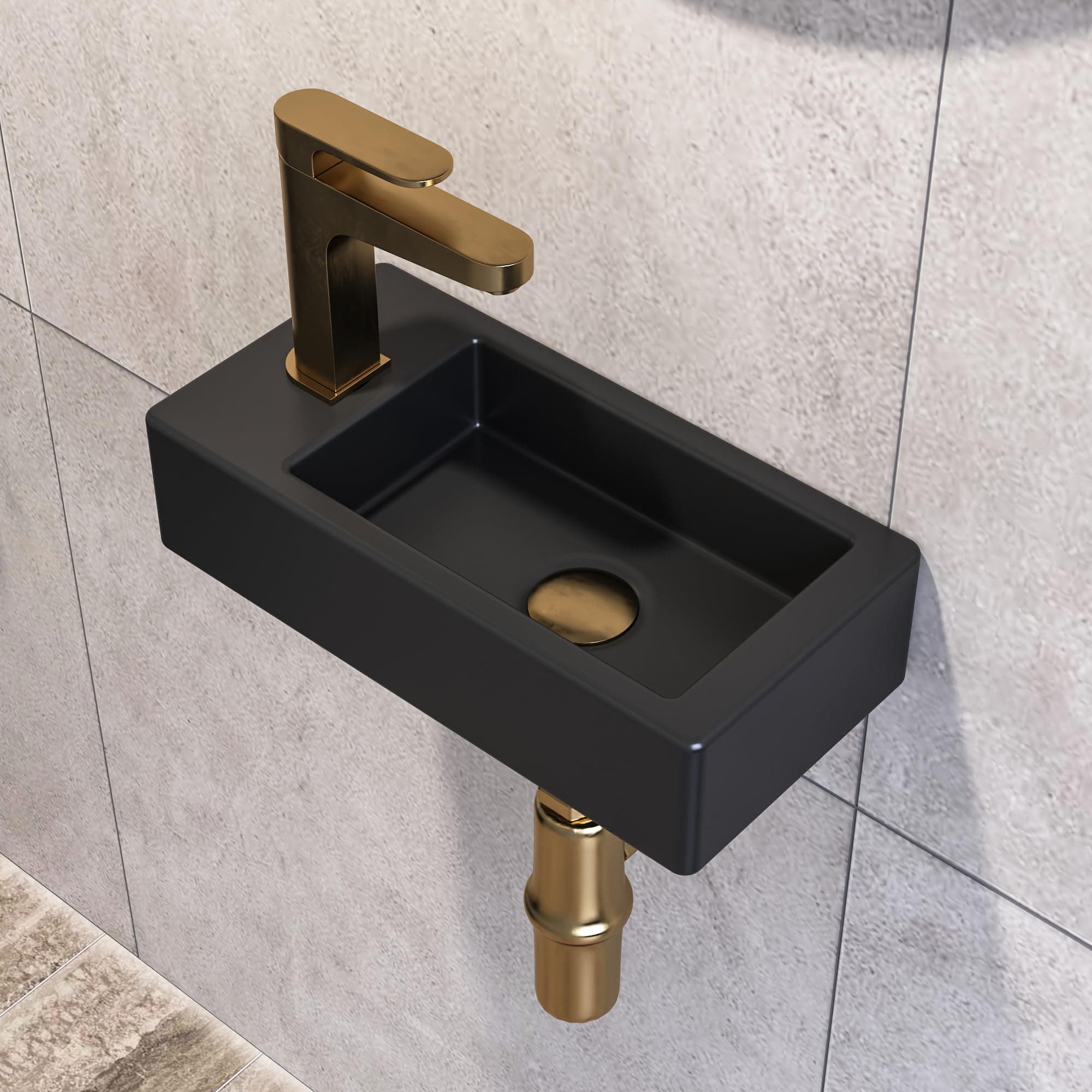 Small Bathroom Sink DeerValley, Mini Rectangle Wall Mount Vessel Sink for Bathroom Powder Room Cloakroom, Space Saving Design, Easy to Clean Matte Black Ceramic Wash Basin (Left Hand)
