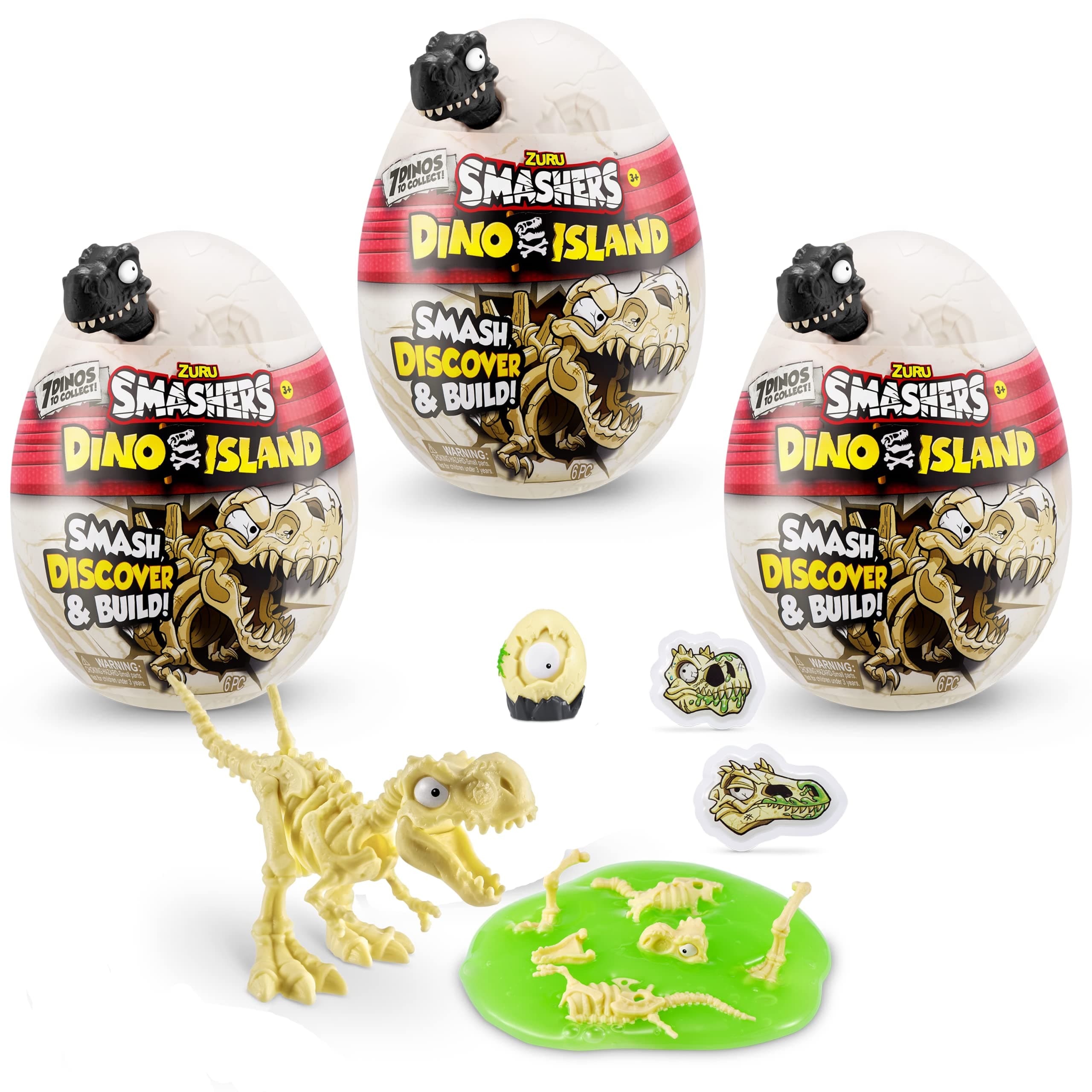 Smashers Dino Island Nano Egg (3 Pack) by ZURU with 6 Hidden Surprises, Mini and Dinosaur Toy, Prehistoric Discovery Slime More, Age 3+ (Color May Vary)