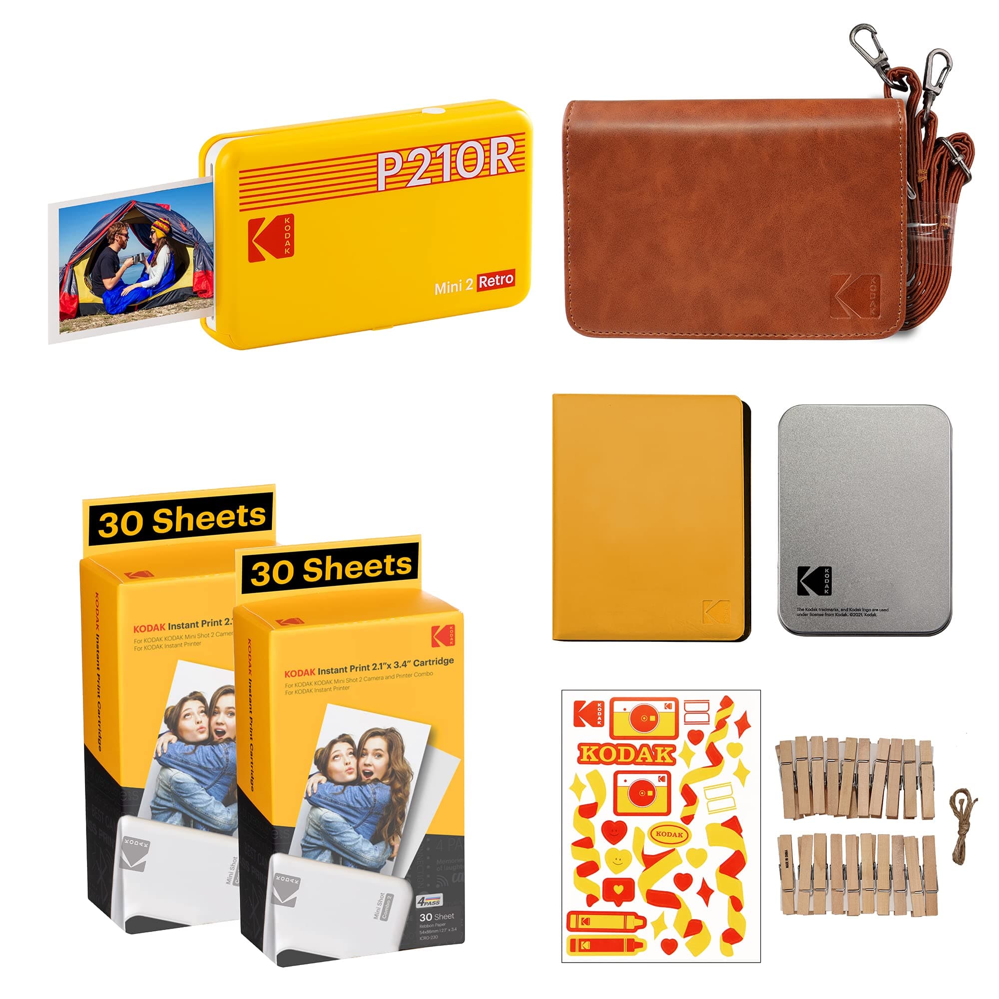 KODAK P210 Mini 2 Retro, Mobile Coloured Photo Printer, Compatible with Smartphone (iOS & Android), Bluetooth, 54 x 86 mm, 4Pass Technology, Lamination, 6 Cartridges, Accessory Bundle, 68 Sheets,